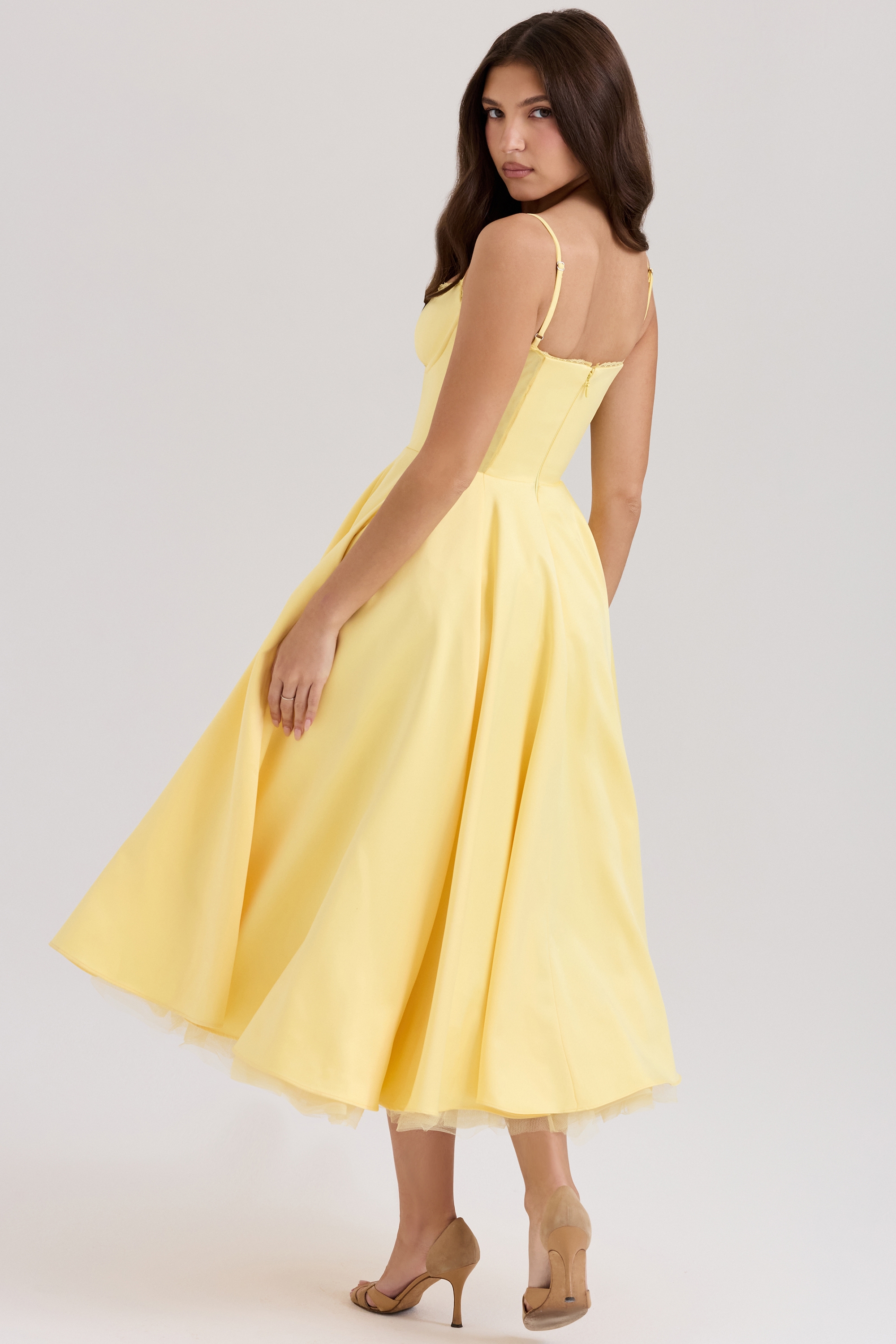 Mademoiselle-Sunshine Yellow Satin Tulle Midi Dress