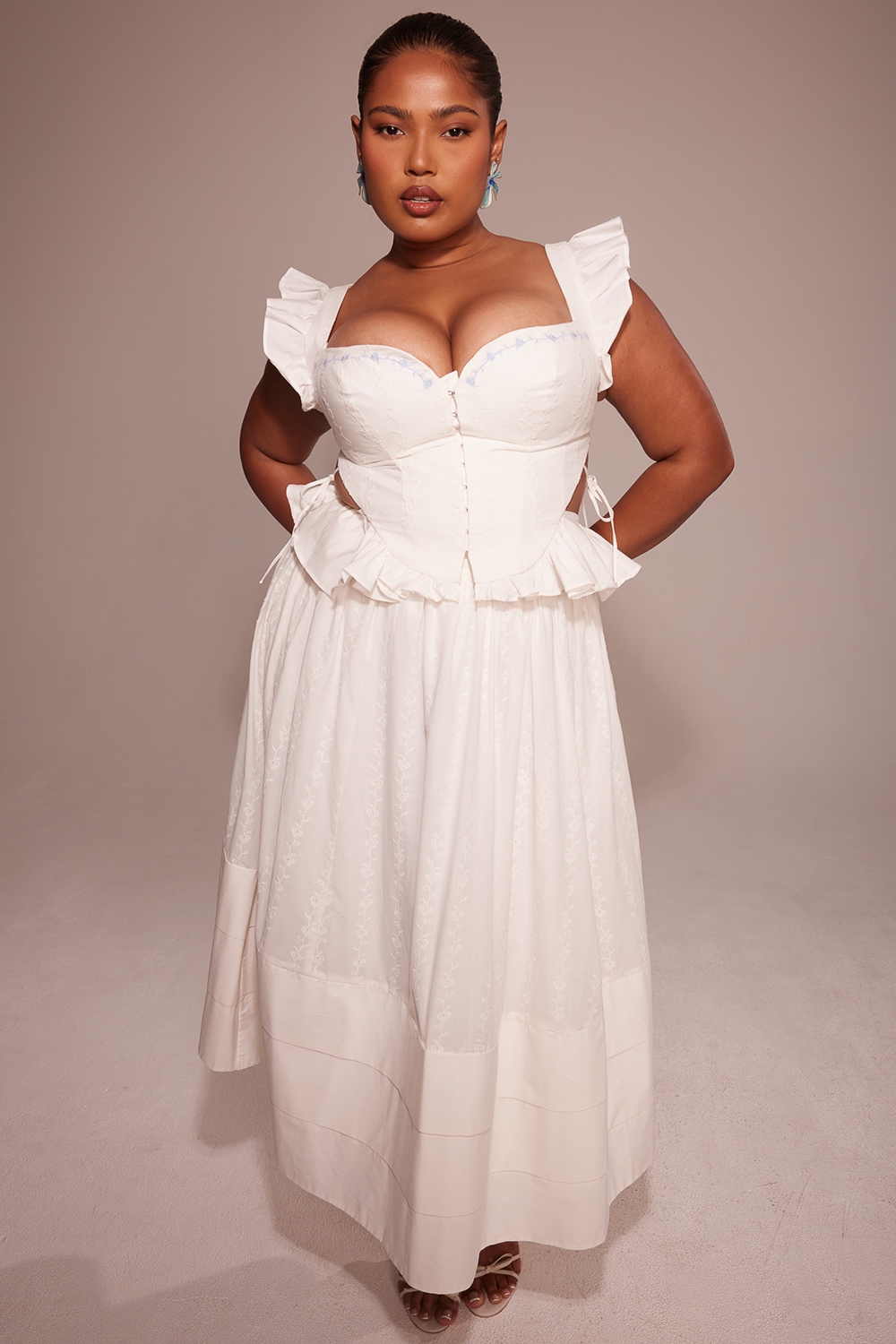 Augustine-White Embroidered Cotton Midi Skirt