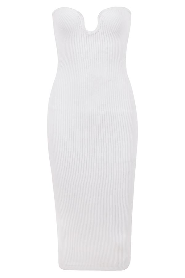 Oriana-White Ribbed Knit Strapless Midi Dress