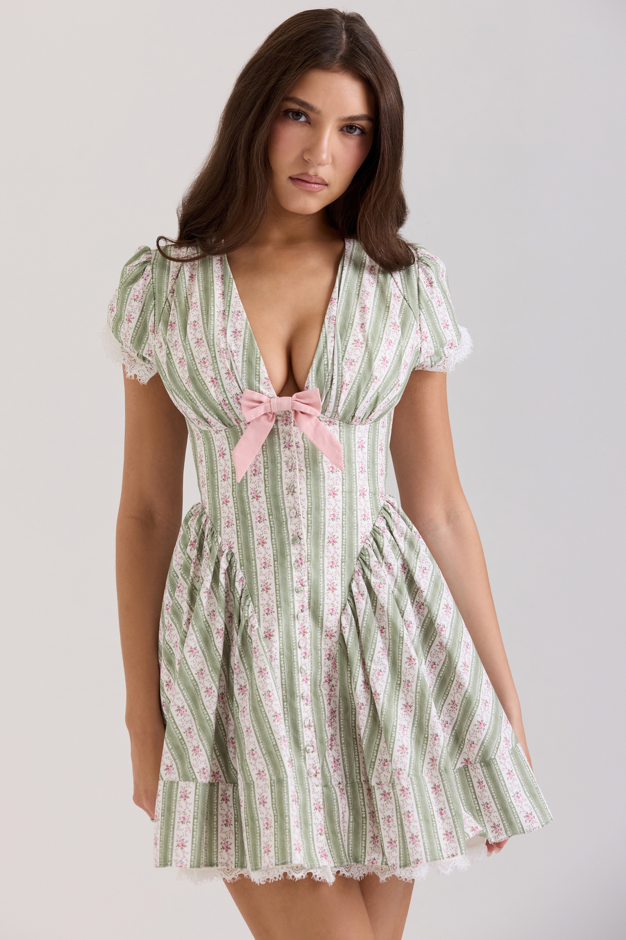Emiliana-Green Stripe Floral Print Stretch Cotton Mini Dress