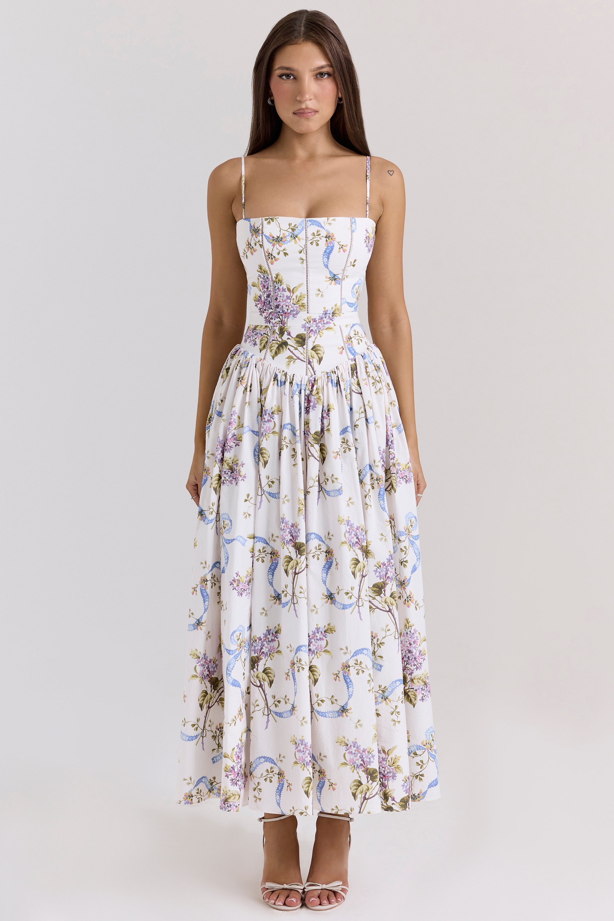 Ysabella-Off White Vintage Ribbon Print Cotton Midi Sundress