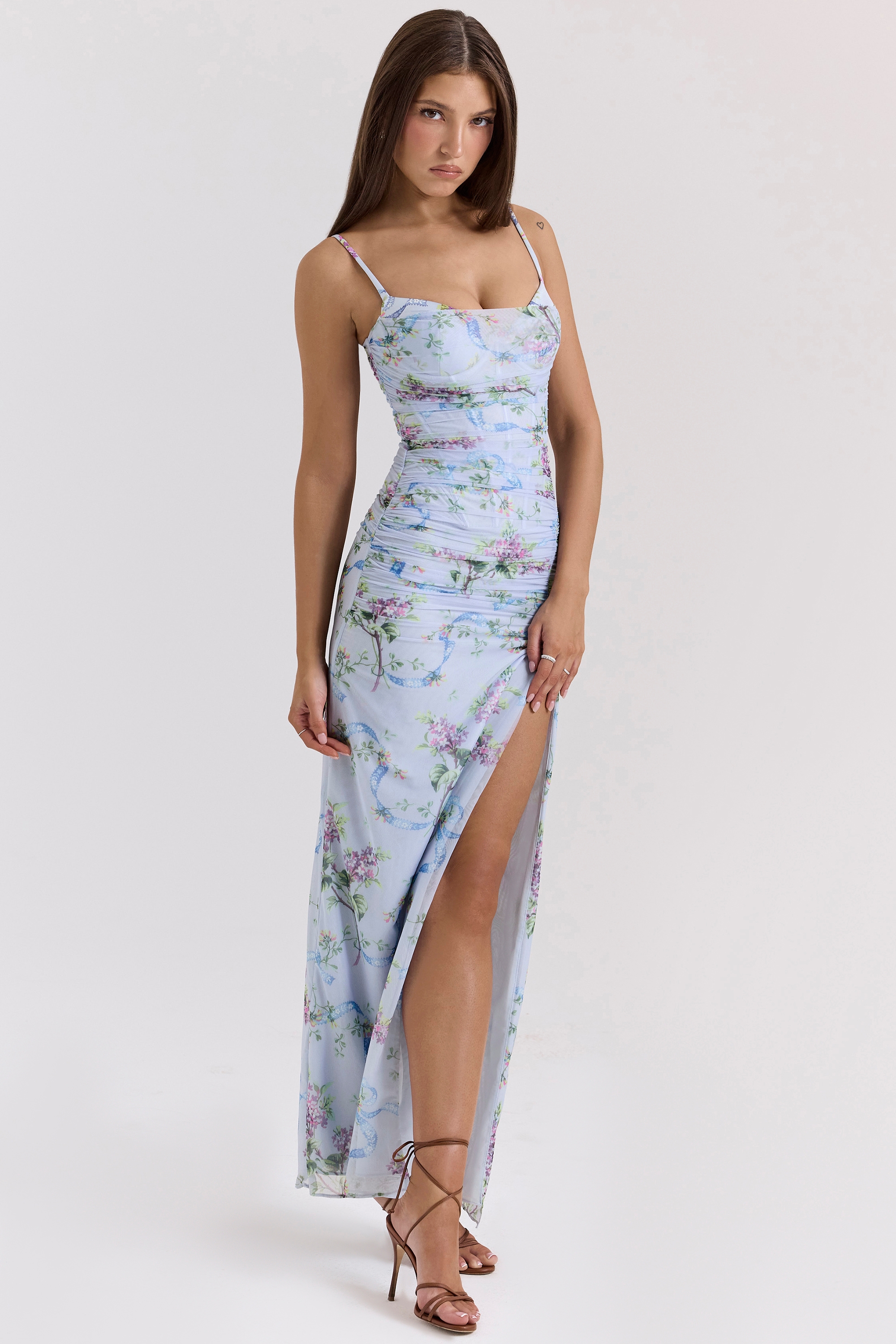 Lini-Blue Floral Print Mesh Maxi Dress