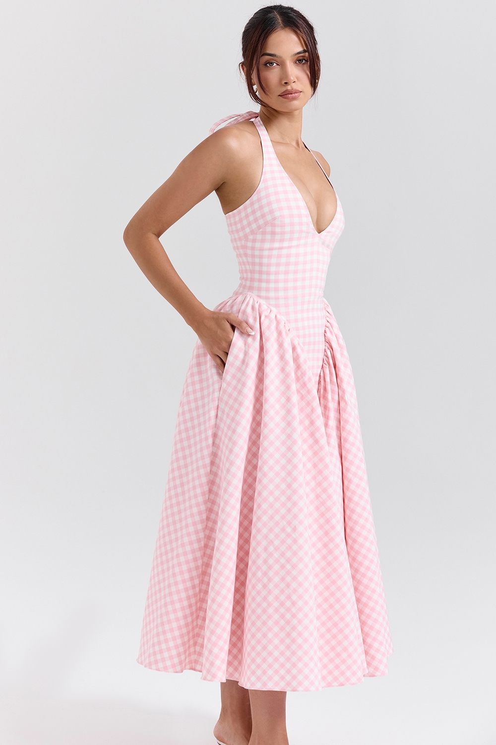 Marilyn-Strawberry Shortcake Gingham Halter Midi Sundress