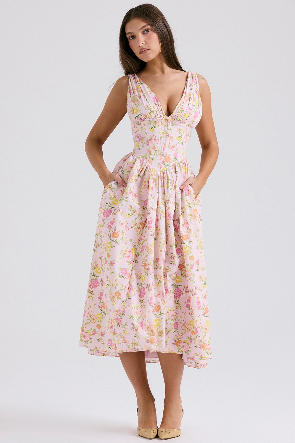 Emmelina-Pink Meadow Print Cotton Corset Sundress