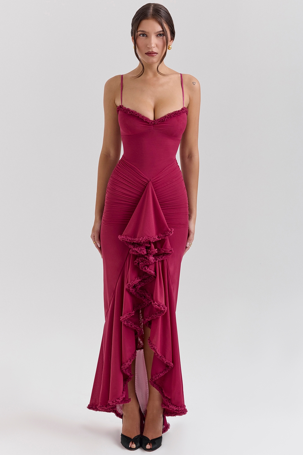 Gabbi-Wine Ruffled Front Gown