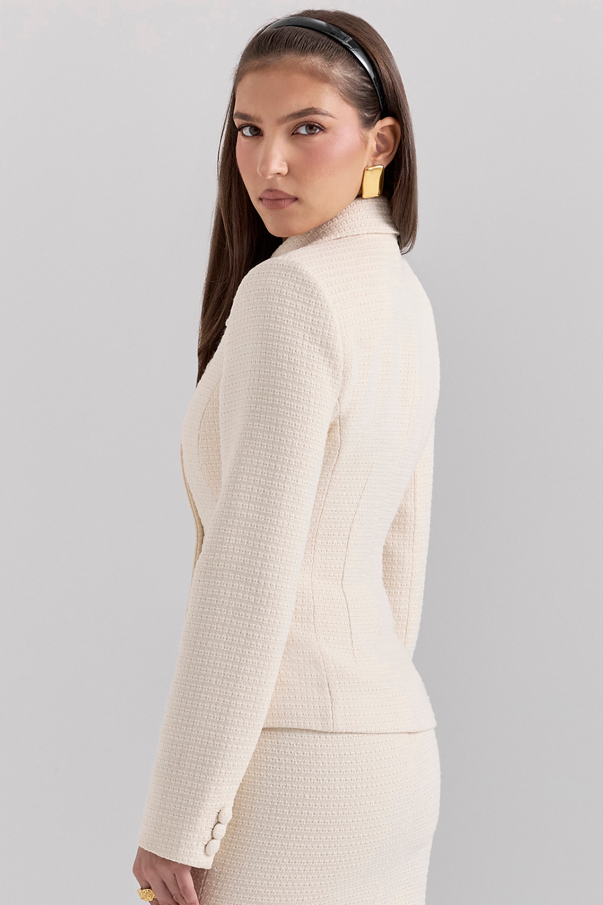 Misha-Cream Boucle Button Front Blazer