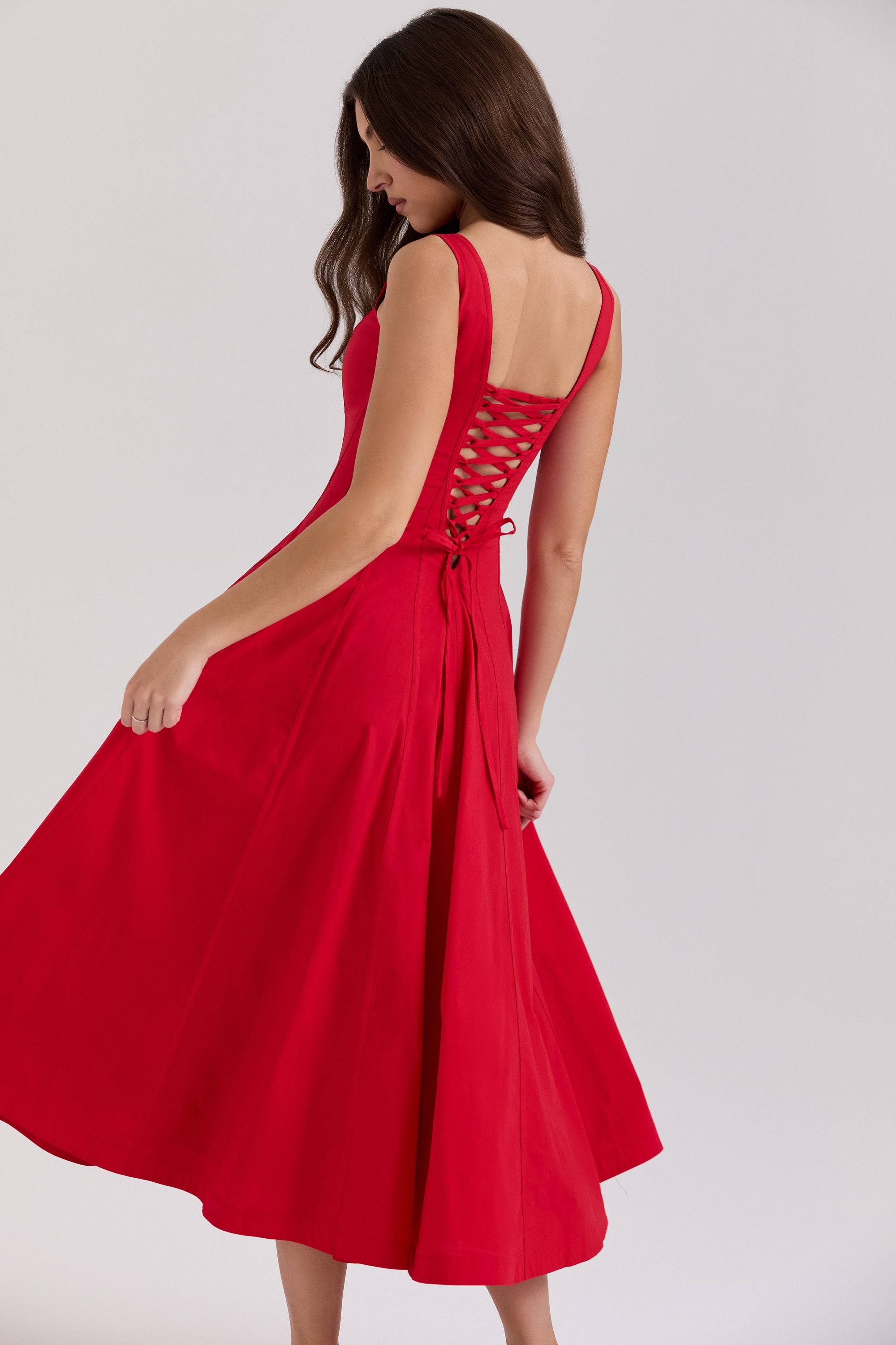 Mariabella-Red Stretch Cotton Midi Sundress