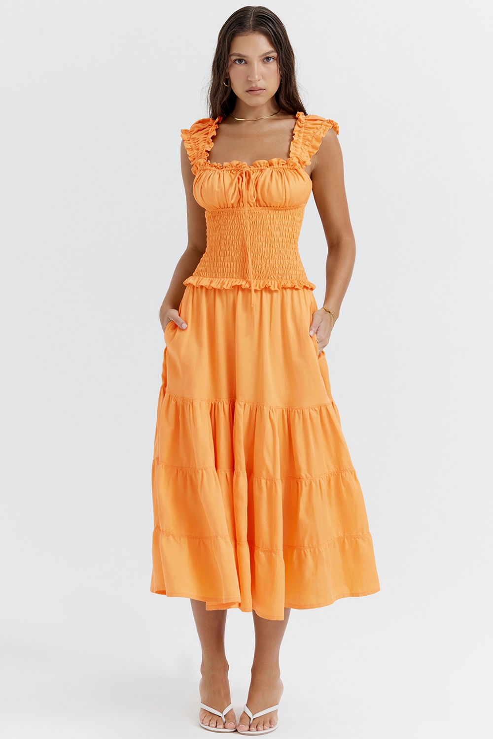 Phedra-Tangerine Shirred Sundress