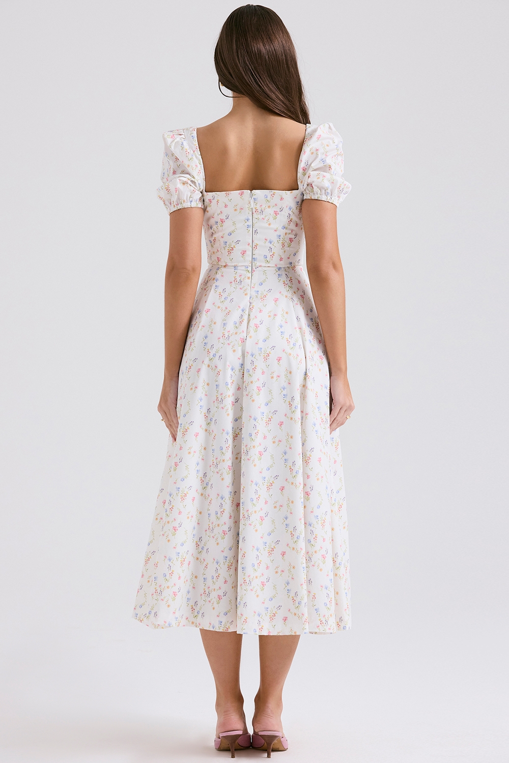 Tallulah-White Posy Print Cotton Puff Sleeve Midi Sundress