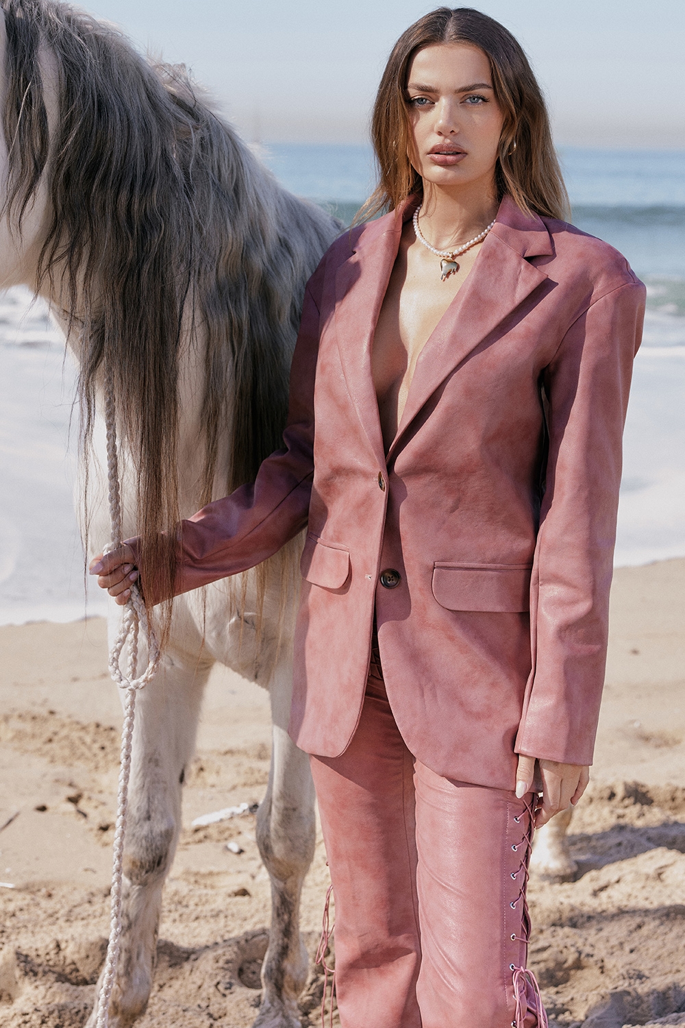 Kiera-Warm Pink Vegan Leather Oversized Blazer