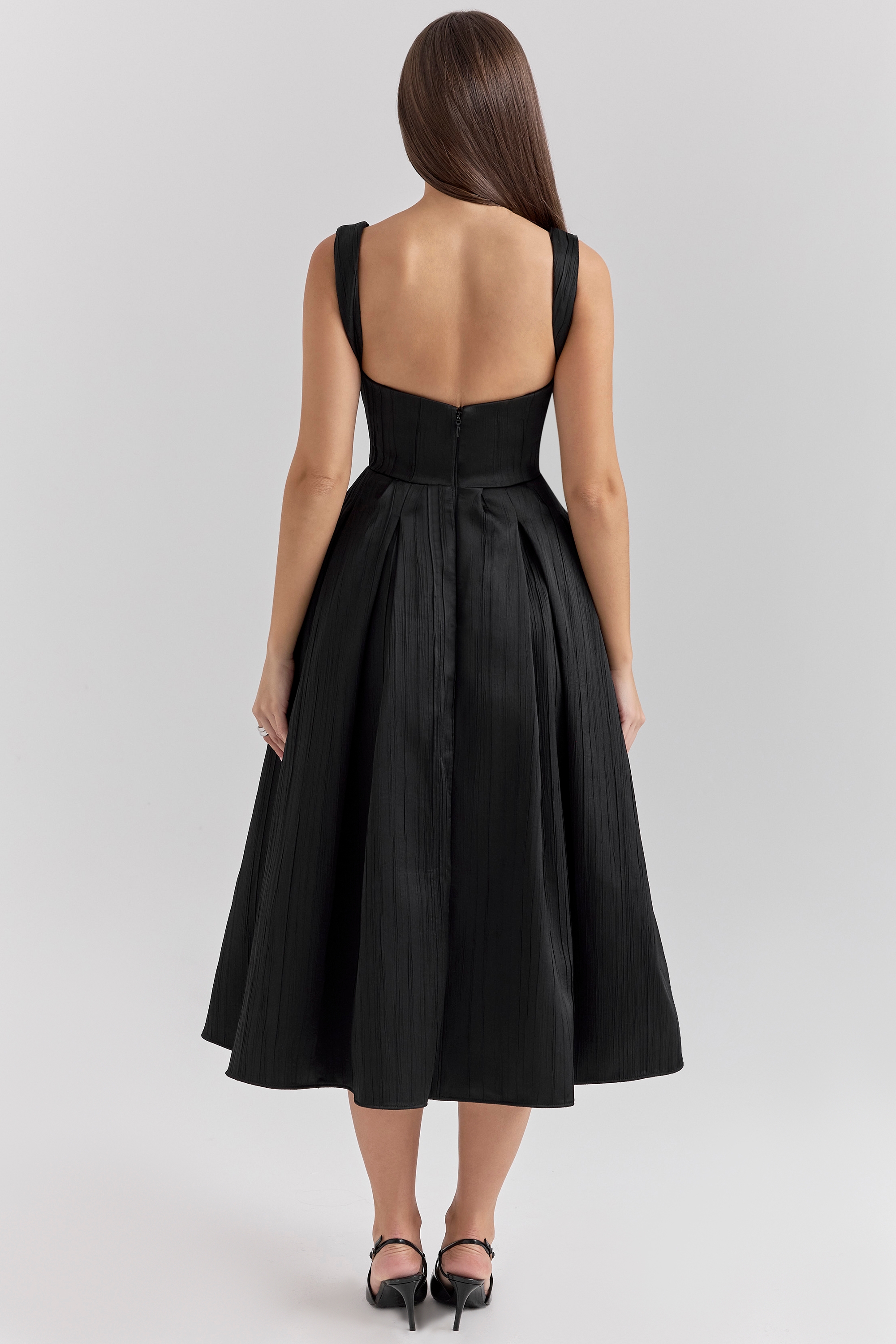 Isabeau-Black Textured Satin Corset Midi Dress