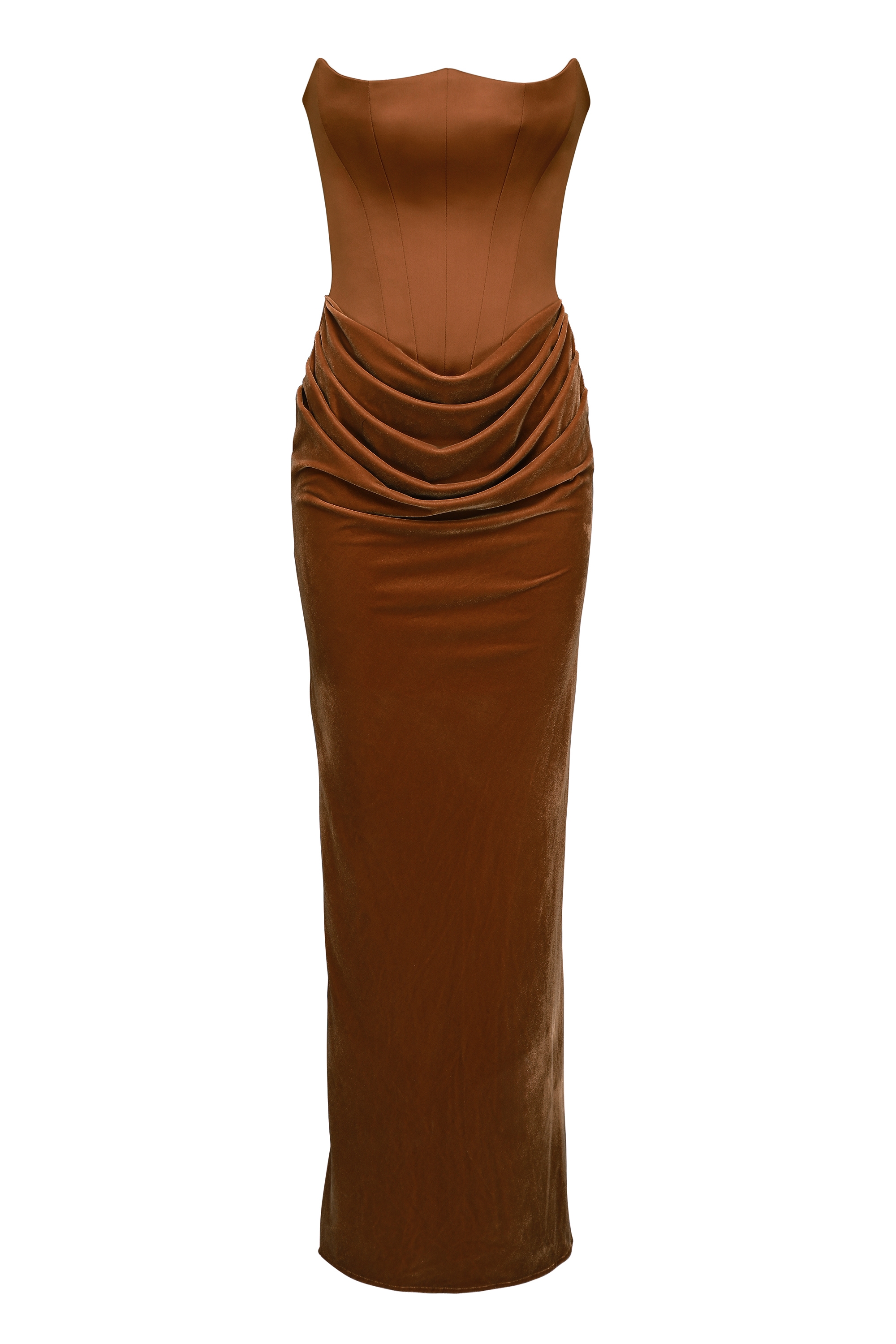 Persephone-Toffee Velvet Strapless Corset Maxi Dress
