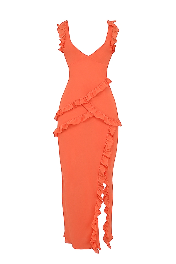 Pixie-Flame Orange Ruffle Maxi Dress