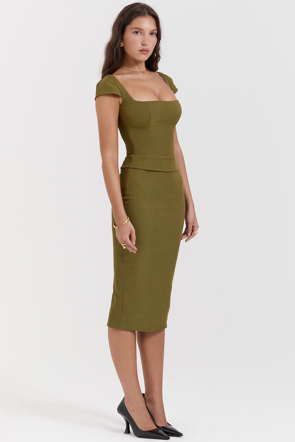 Layana-Olive Corset Midi Dress