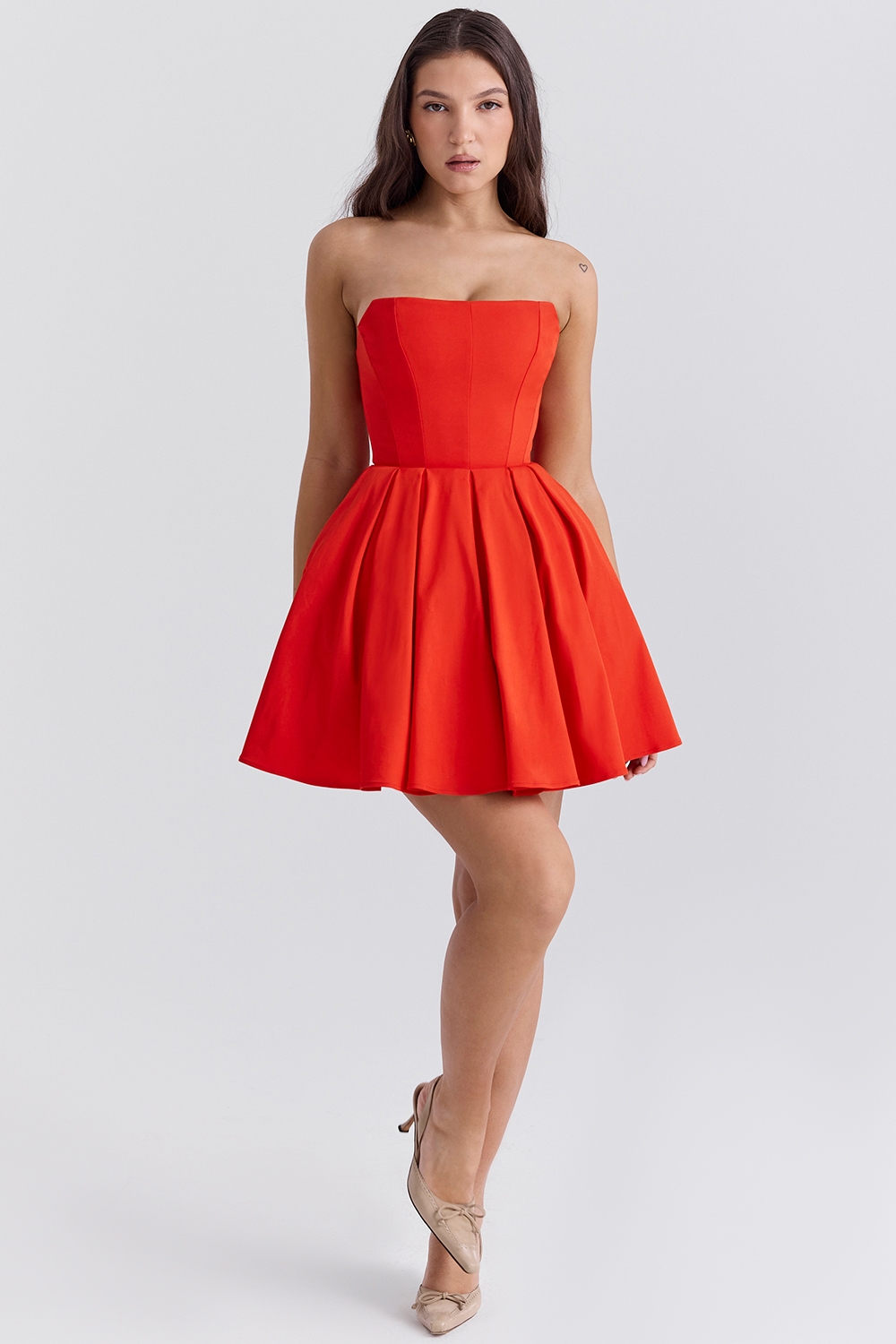 Emmanuela-Italian Tomato Strapless Pleated Mini Dress