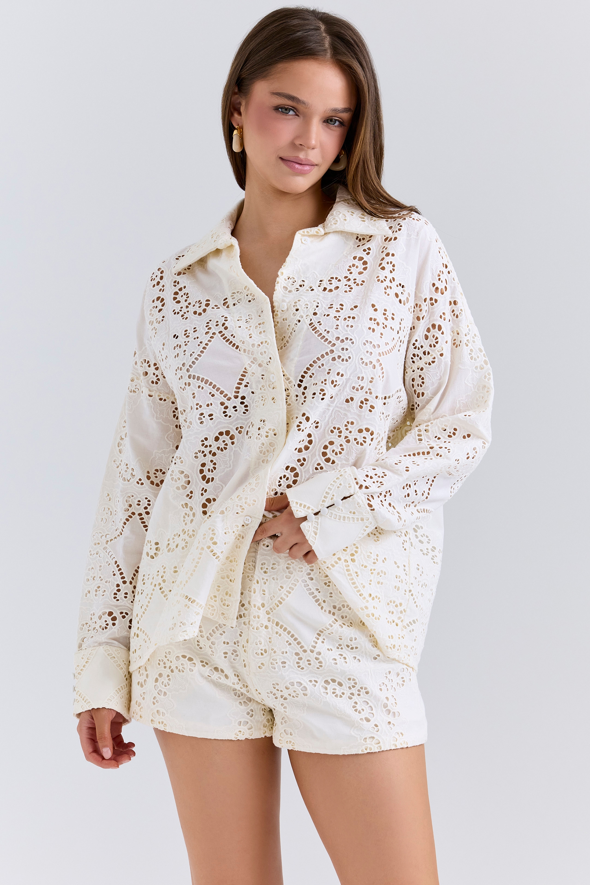 Samah-White Cotton Broderie Anglaise Shirt
