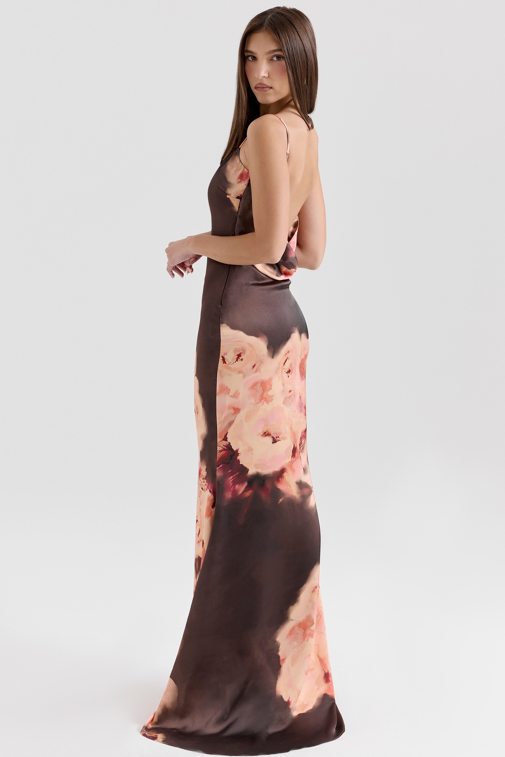 Mariamma-Dark Brown Floral Printed Satin Maxi Dress