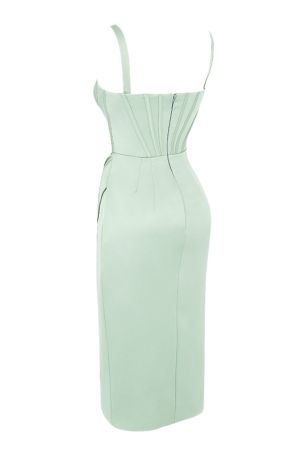 Faye-Pistachio Satin Corset Midi Dress