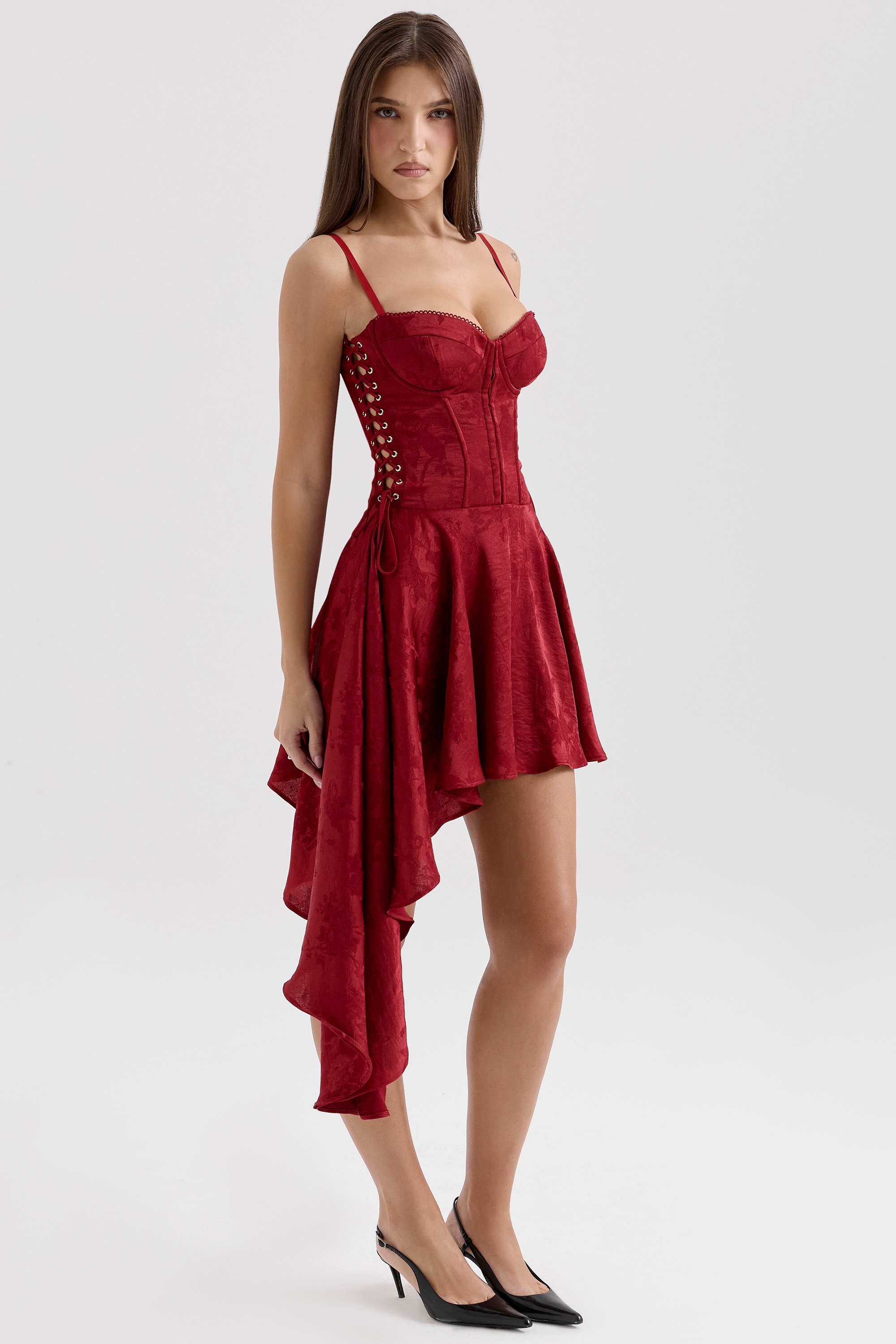 Lola-Wine Jacquard Satin Draped Mini Dress