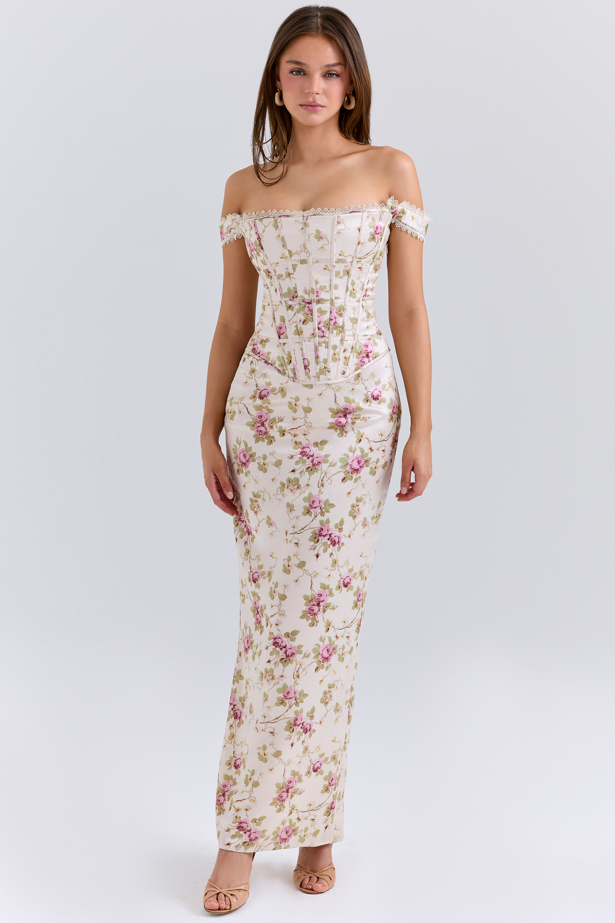 Isis-Vintage Cream Floral Print Corset Maxi Dress