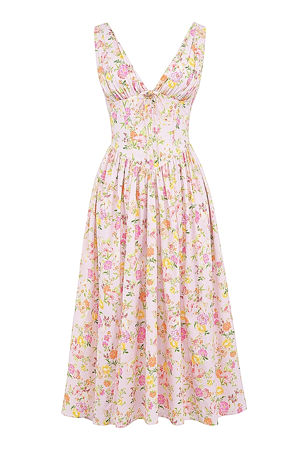 Emmelina-Pink Meadow Print Cotton Corset Sundress