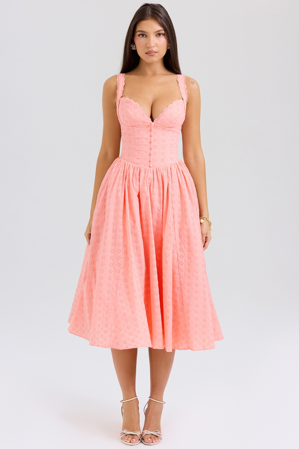 Adalyn-Peach Broderie Anglais Midi Sundress