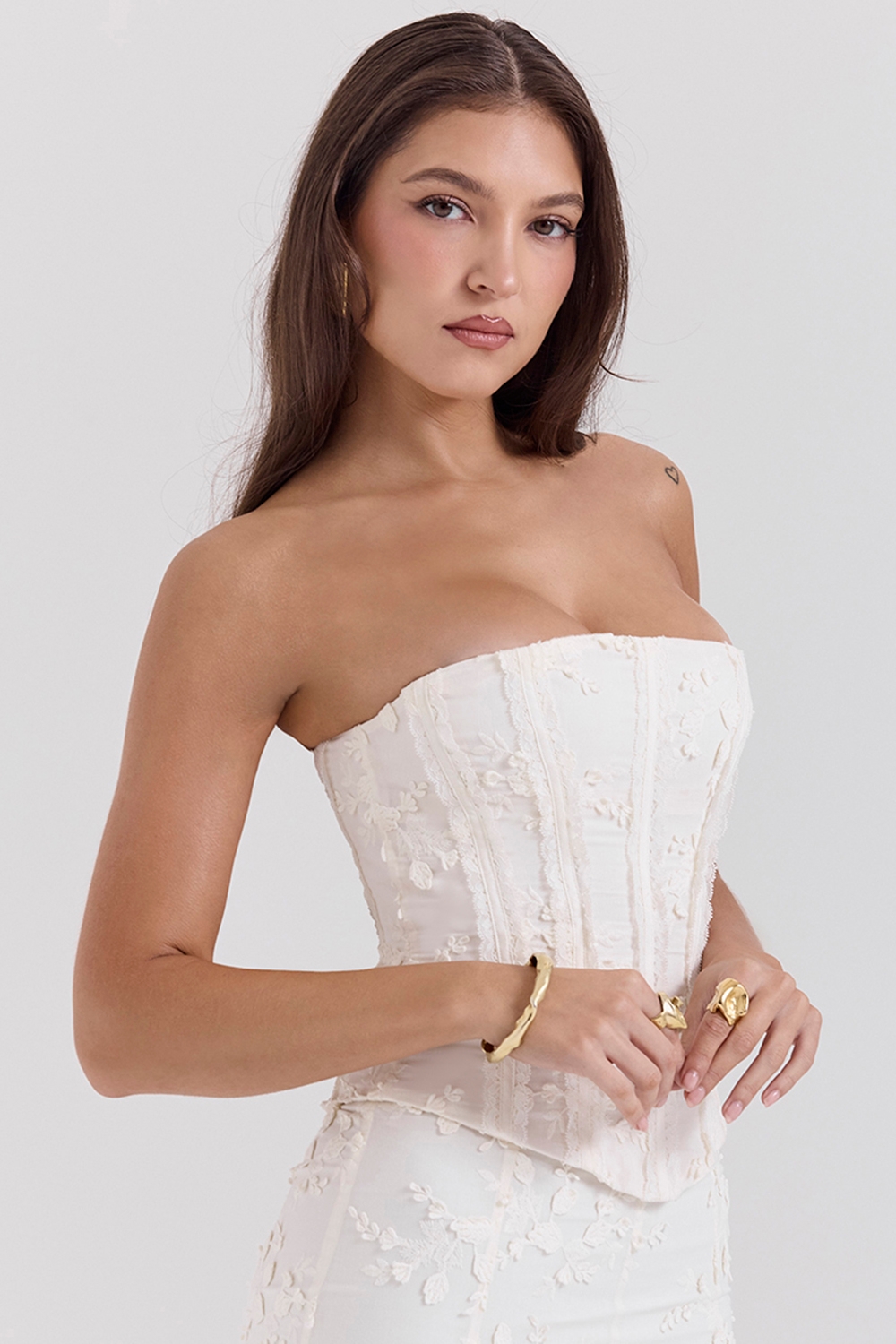 Dakota-Vintage Ivory Embroidered Strapless Corset