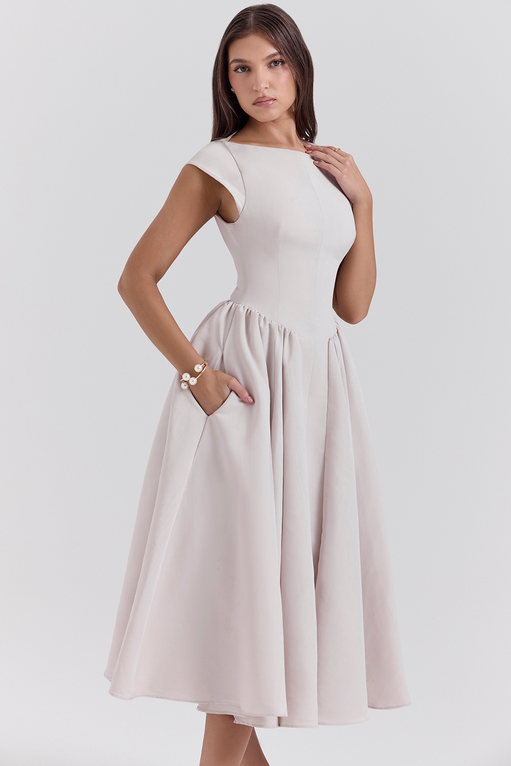 Debutante-French Dove Moire Satin Backless Midi Dress