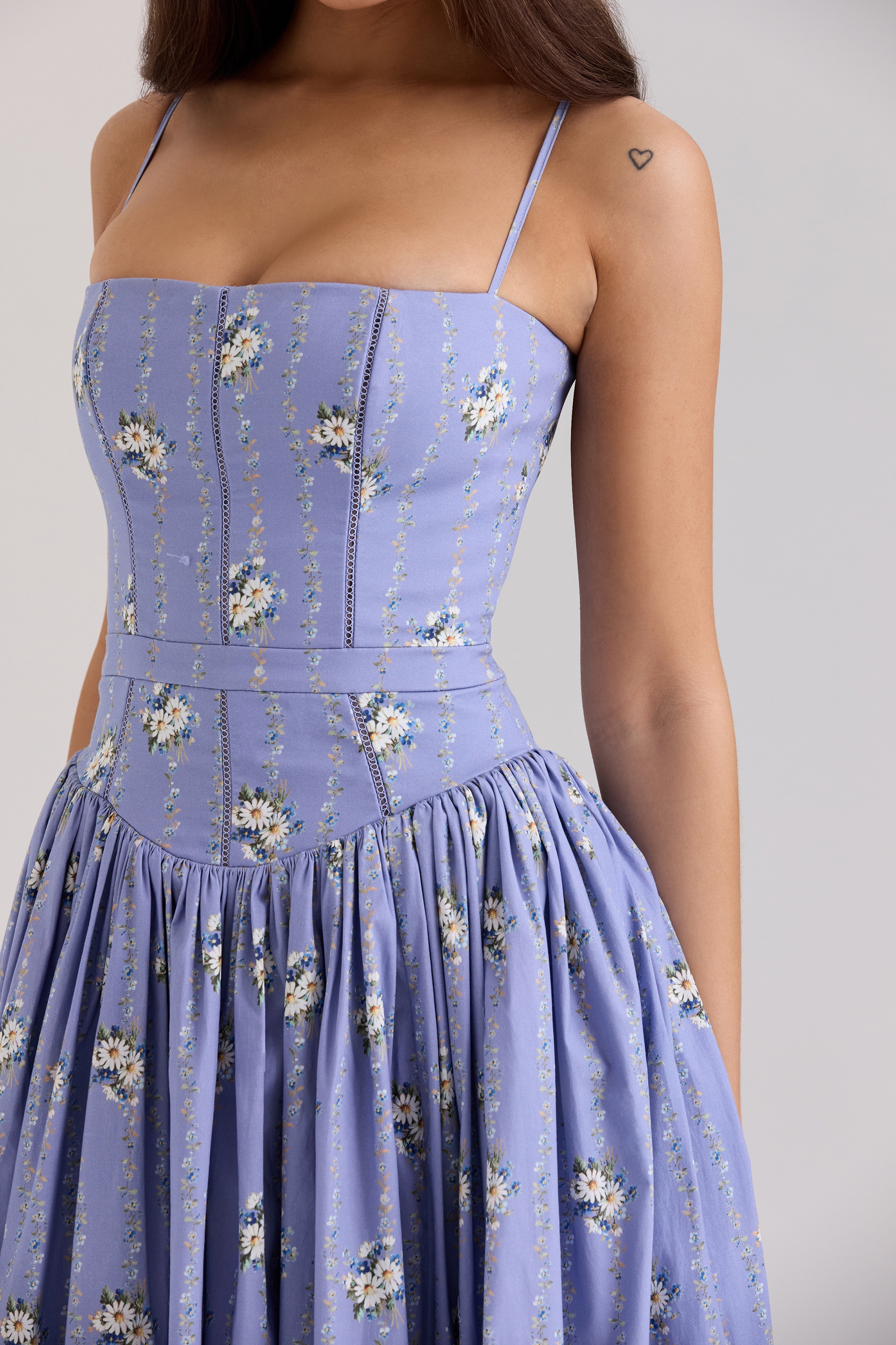 Ysabella-Blue Daisy Print Stretch Cotton Midi Sundress