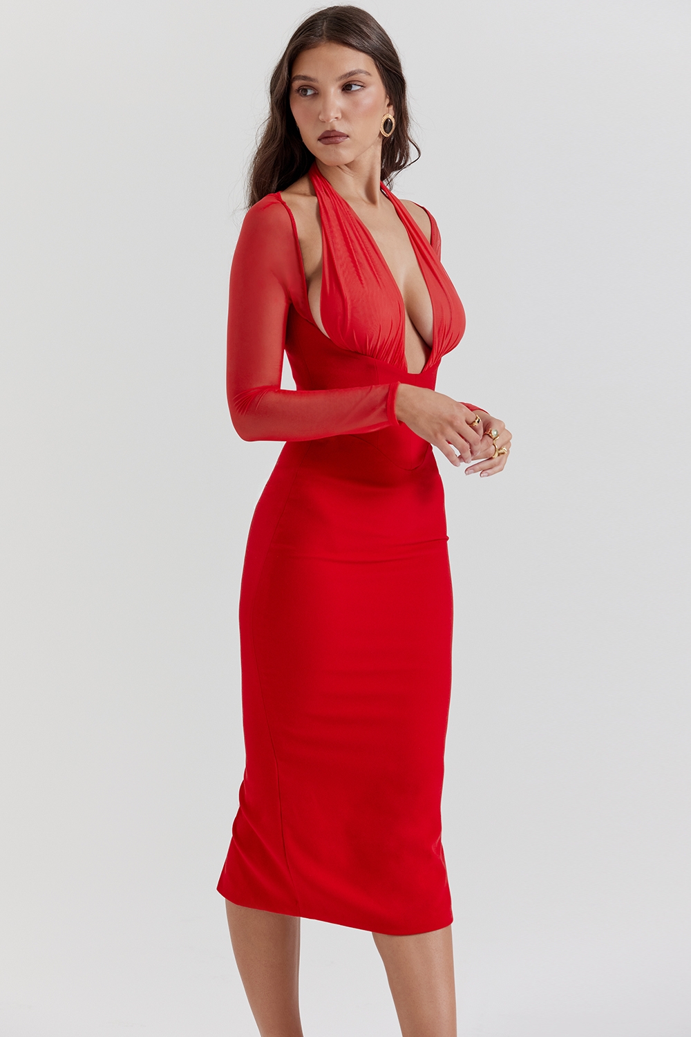 Yasmin-Scarlet Plunge Midi Dress