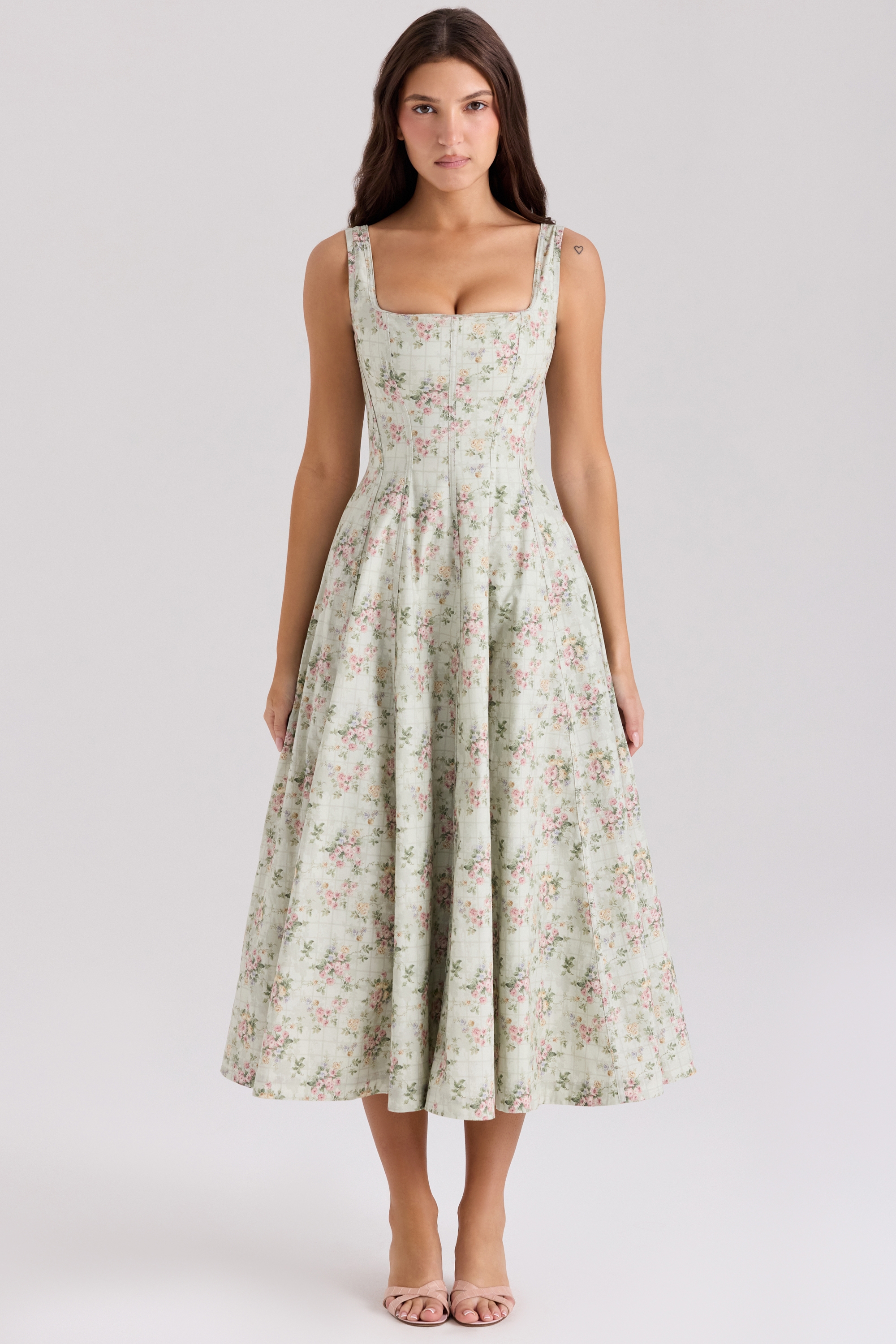 Mariabella-Sage Floral Print Cotton Midi Dress