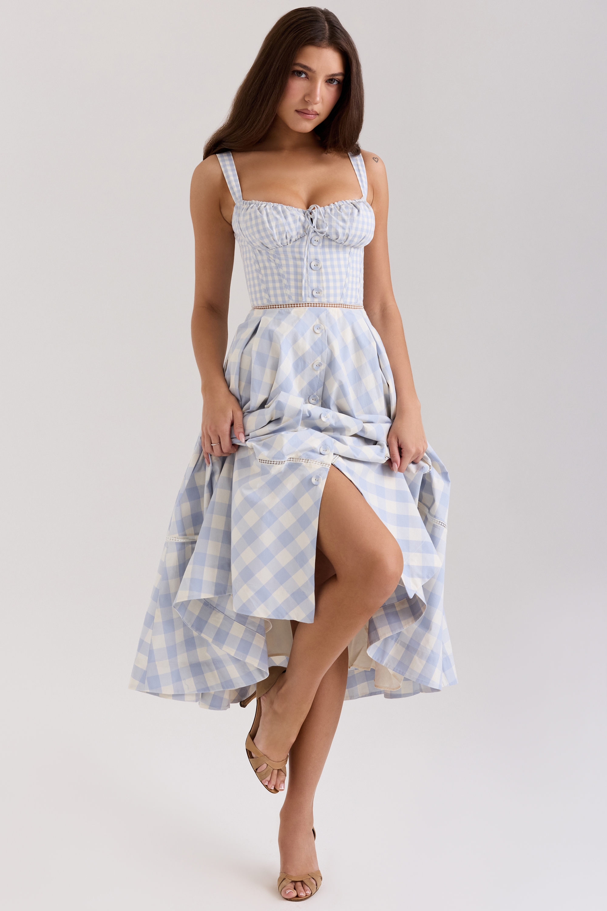 Chiarina-Light Blue Gingham Stretch Cotton Midi Dress