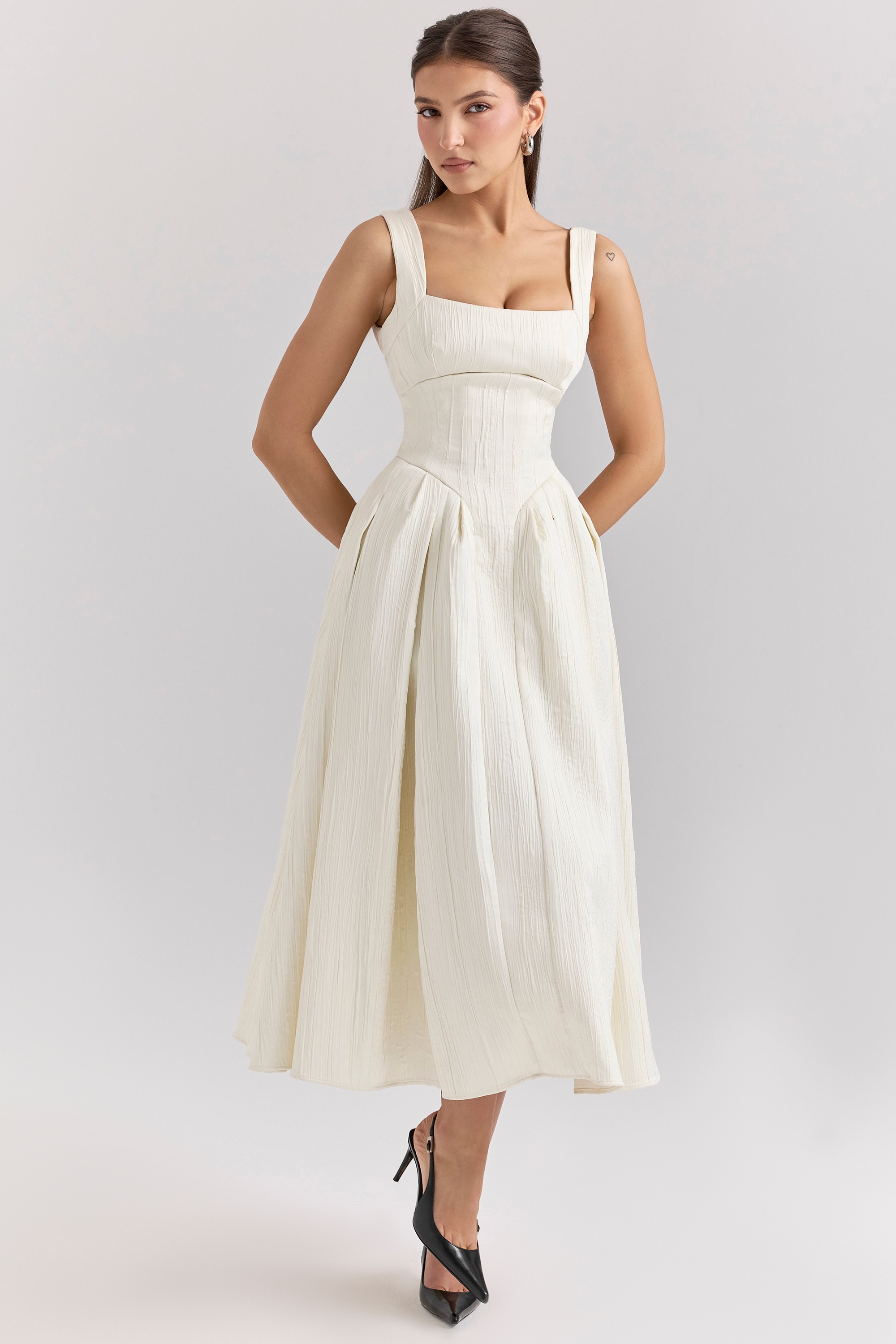 Isabeau-Ivory Textured Satin Corset Midi Dress