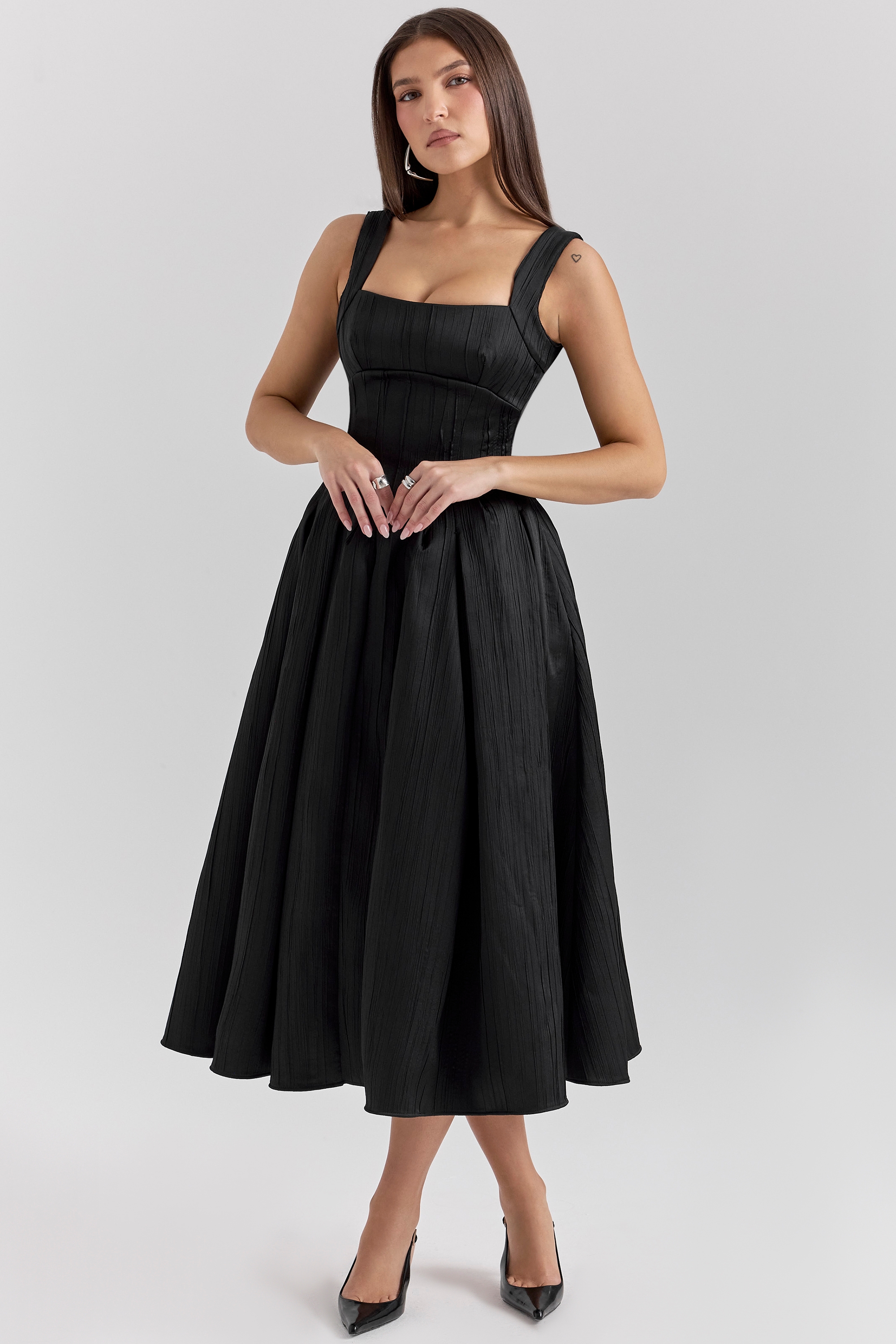 Isabeau-Black Textured Satin Corset Midi Dress