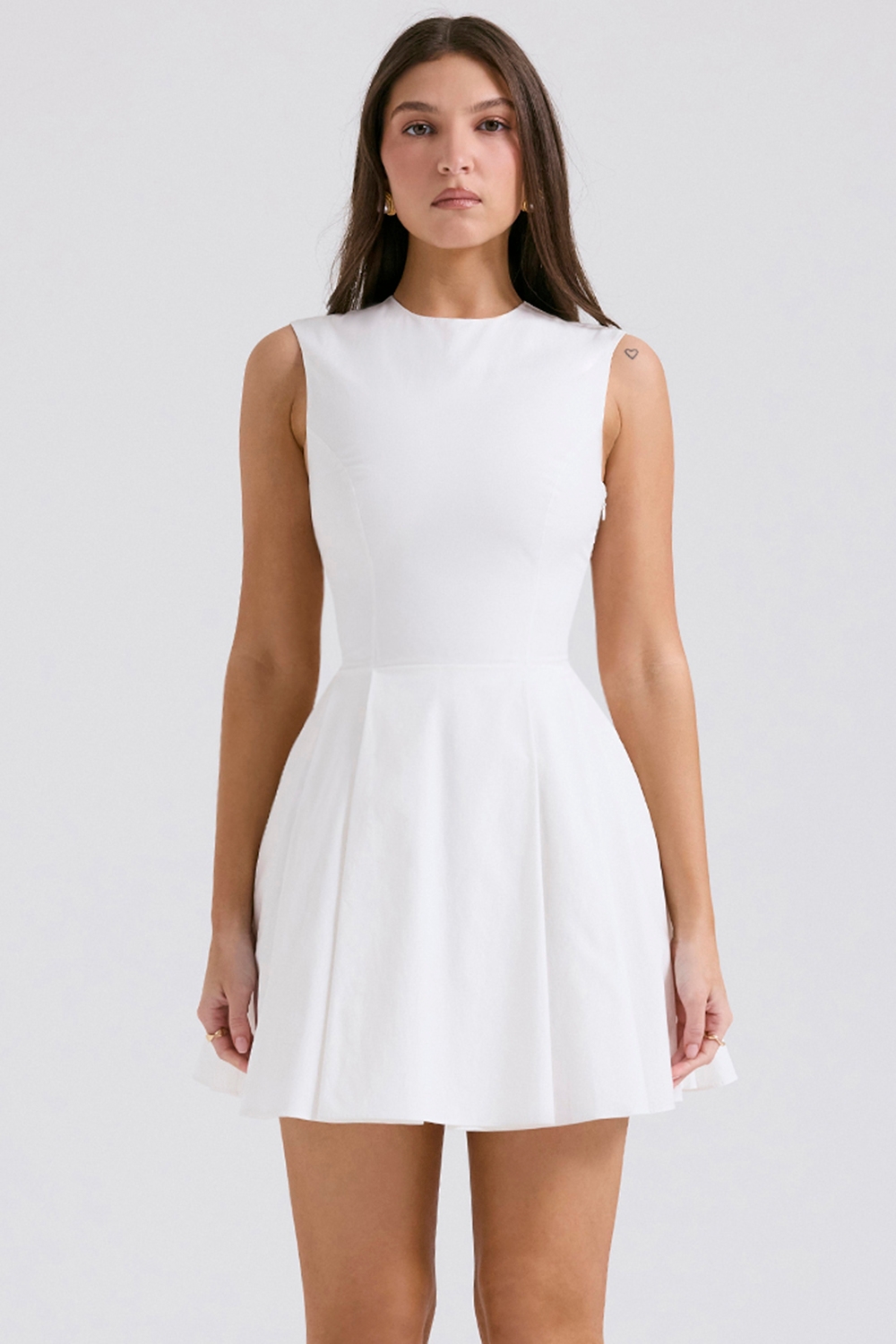 Claretta-White Pleated Cotton Mini Dress