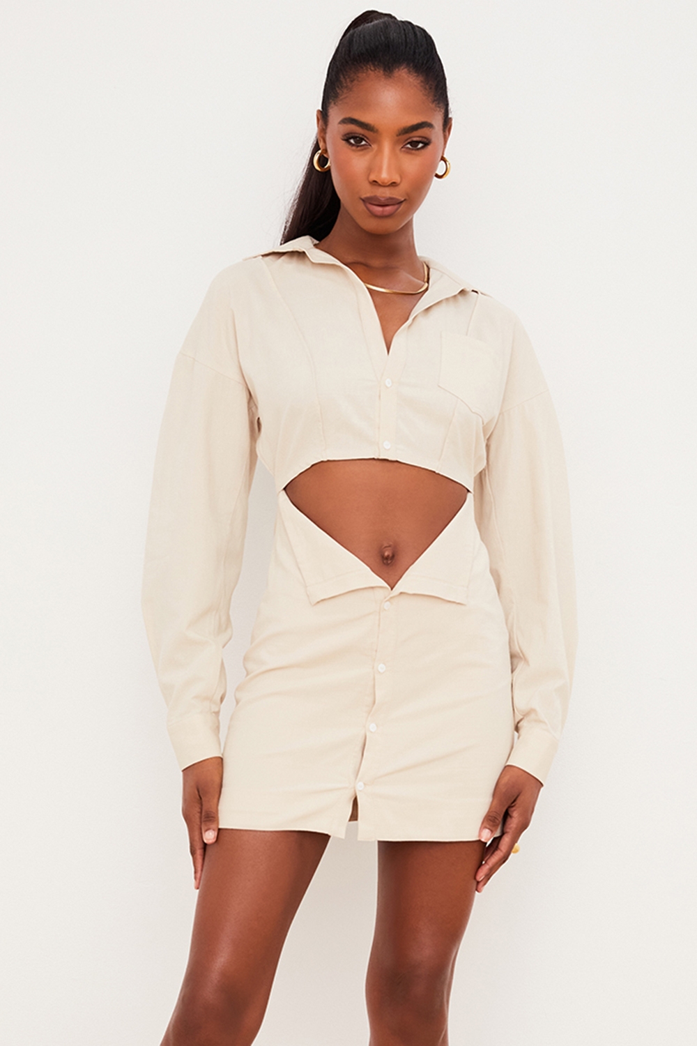 Julietta-Beige Linen Cutout Shirt Dress