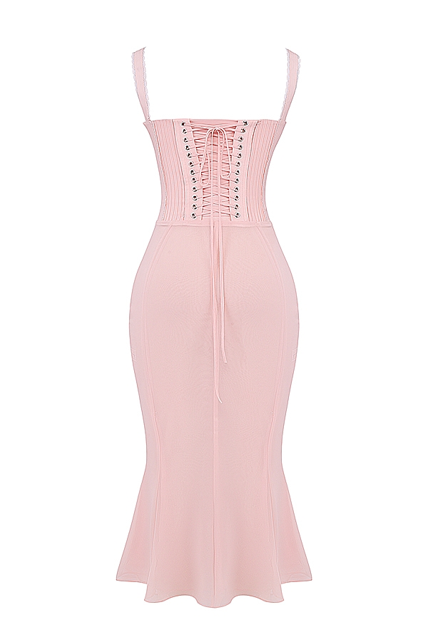 Syrah-Soft Peach Lace Back Midi Dress