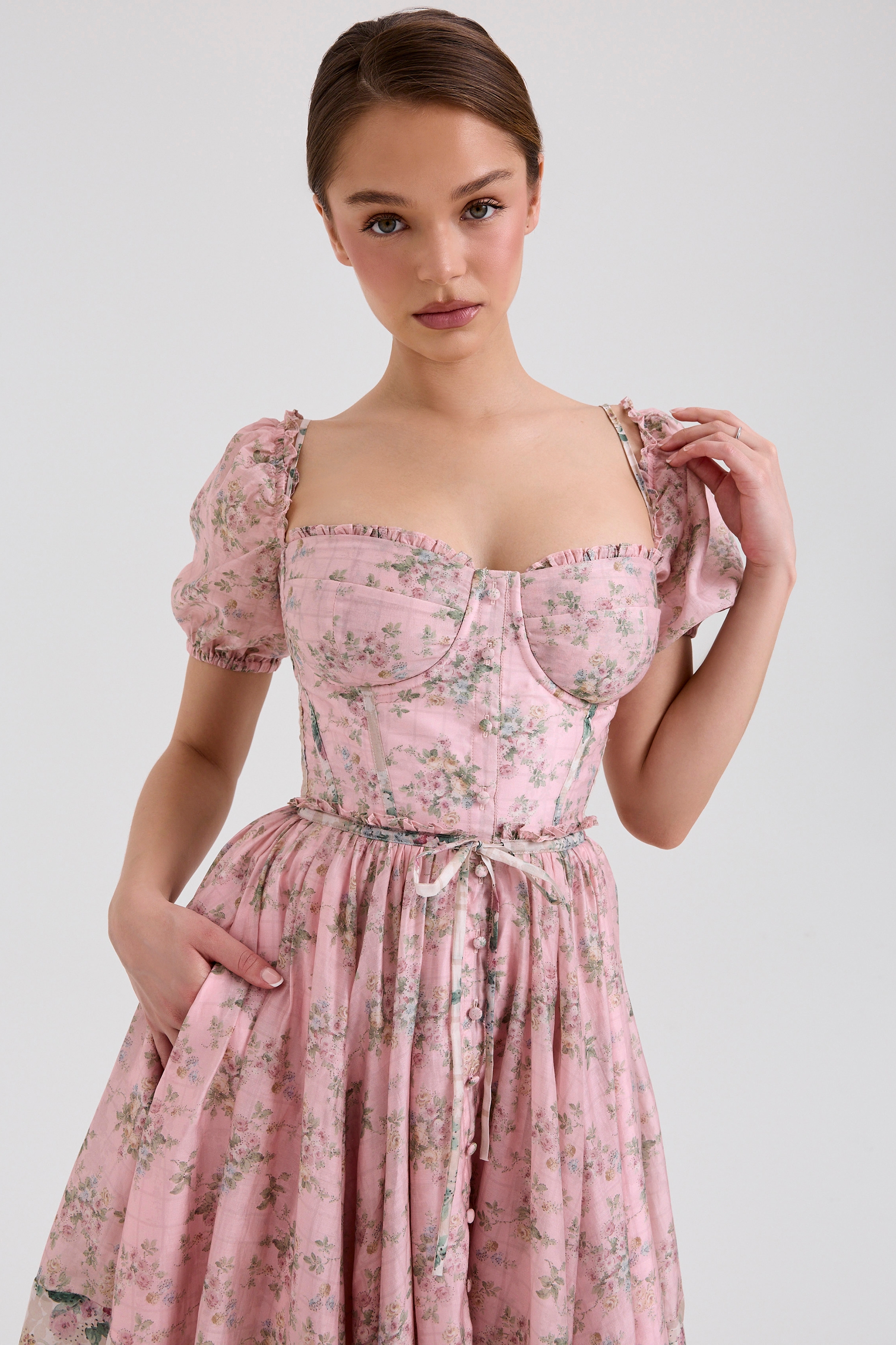 Penelope-Pink Floral Chiffon Midi Dress