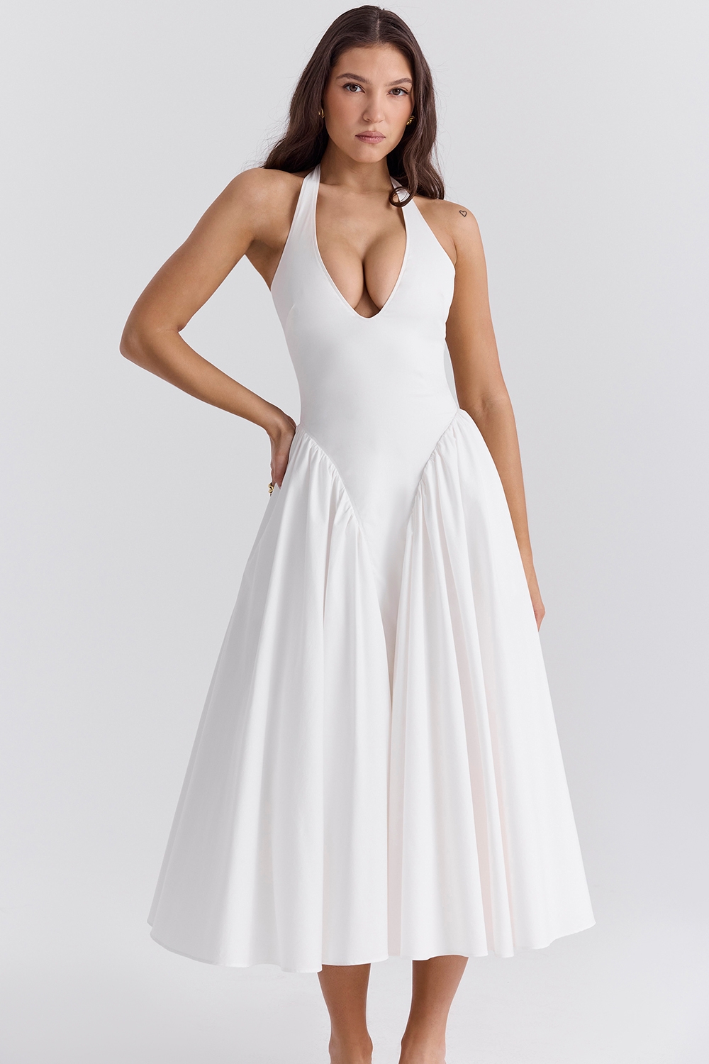 Marilyn-White Cotton Halter Midi Sundress
