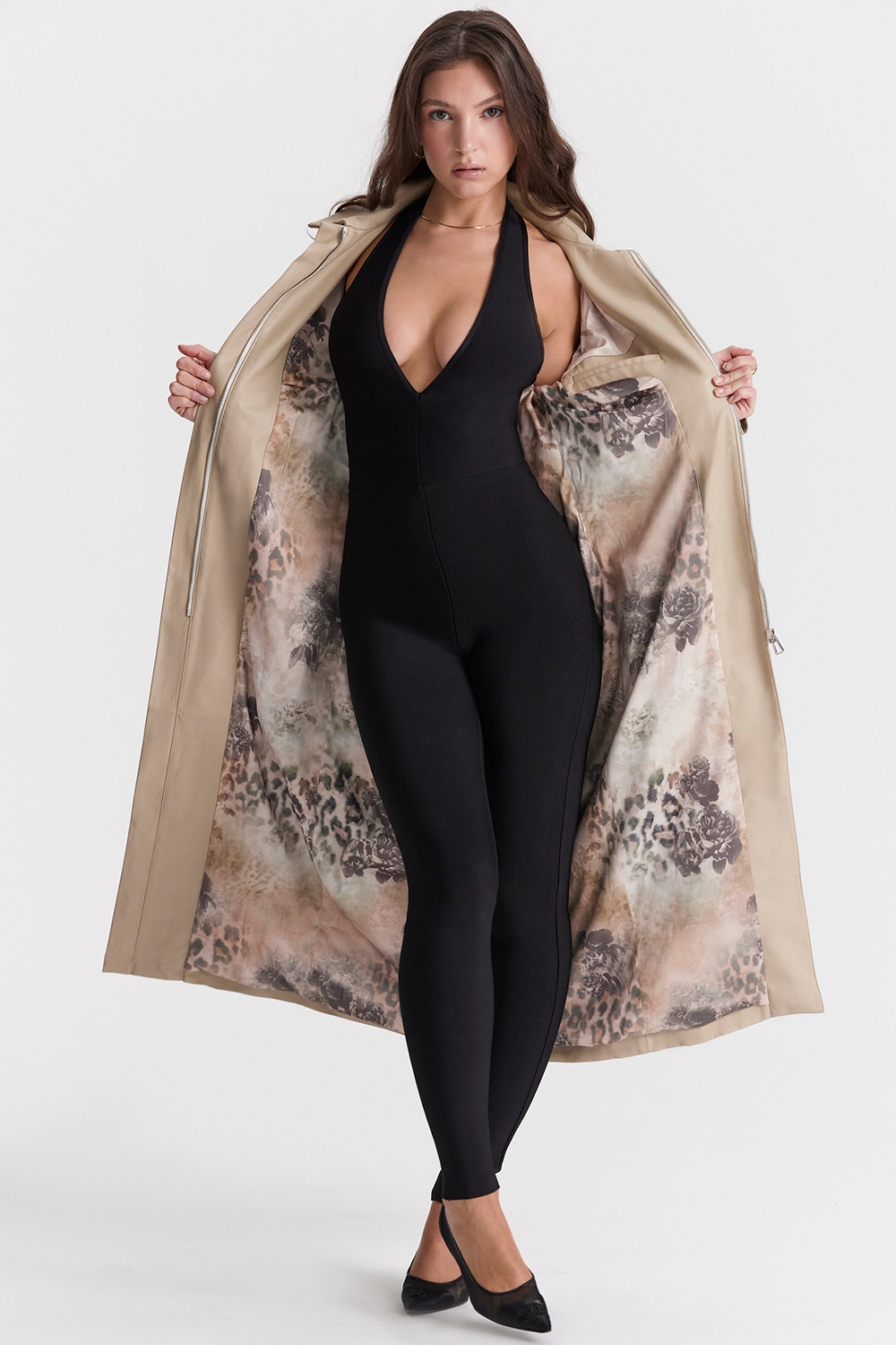 Ariel-Beige Vegan Leather Trench Coat