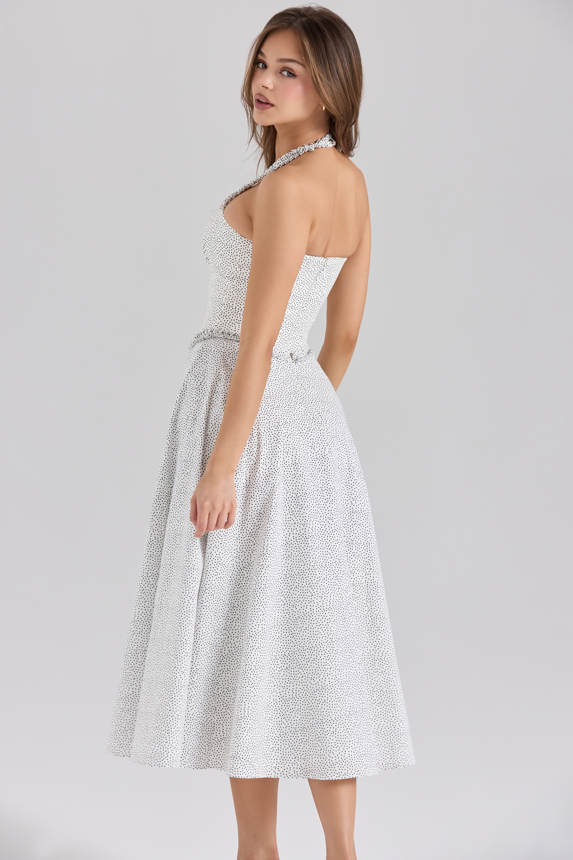 Georgie-Cotton Halter Neck Polka Dot Print Midi Dress