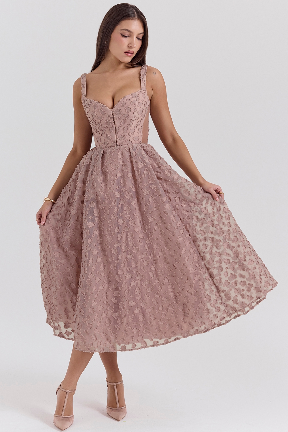 Lovely-French Rose Jacquard Sweetheart Neckline Midi Dress - SALE