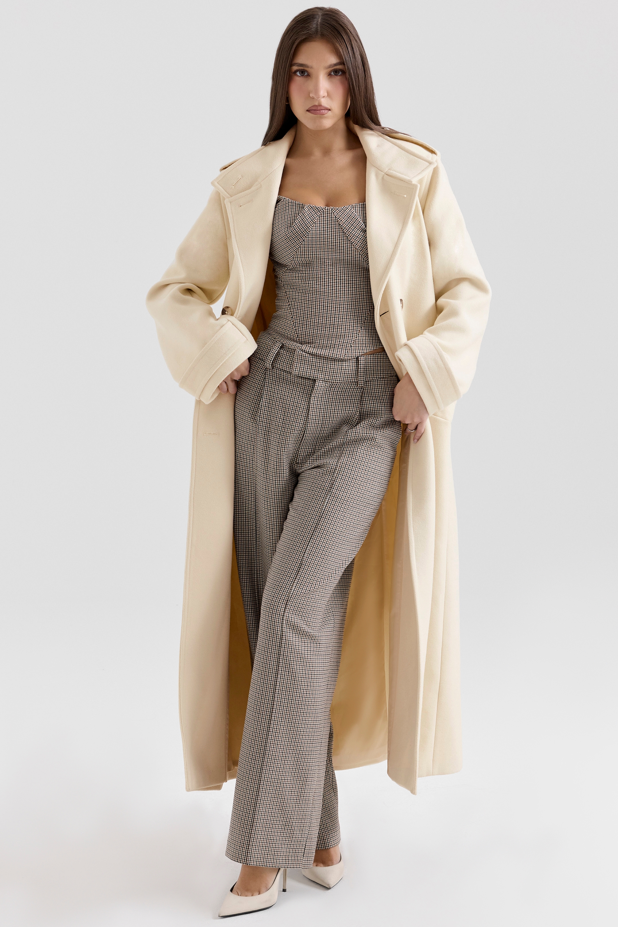 Sander-Cream Double Breasted Funnel Neck Coat