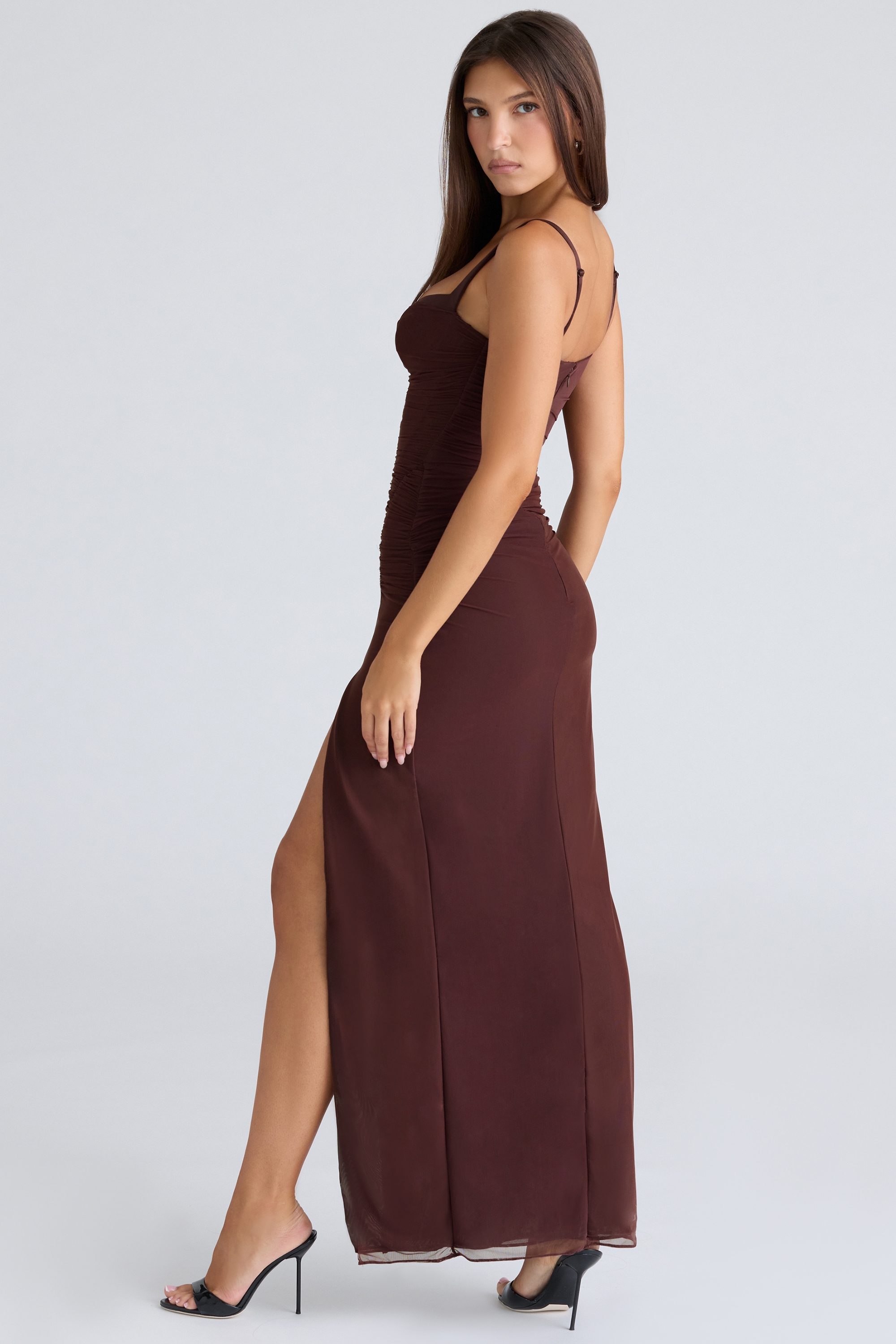 Lini-Burgundy Stretch Mesh Maxi Dress