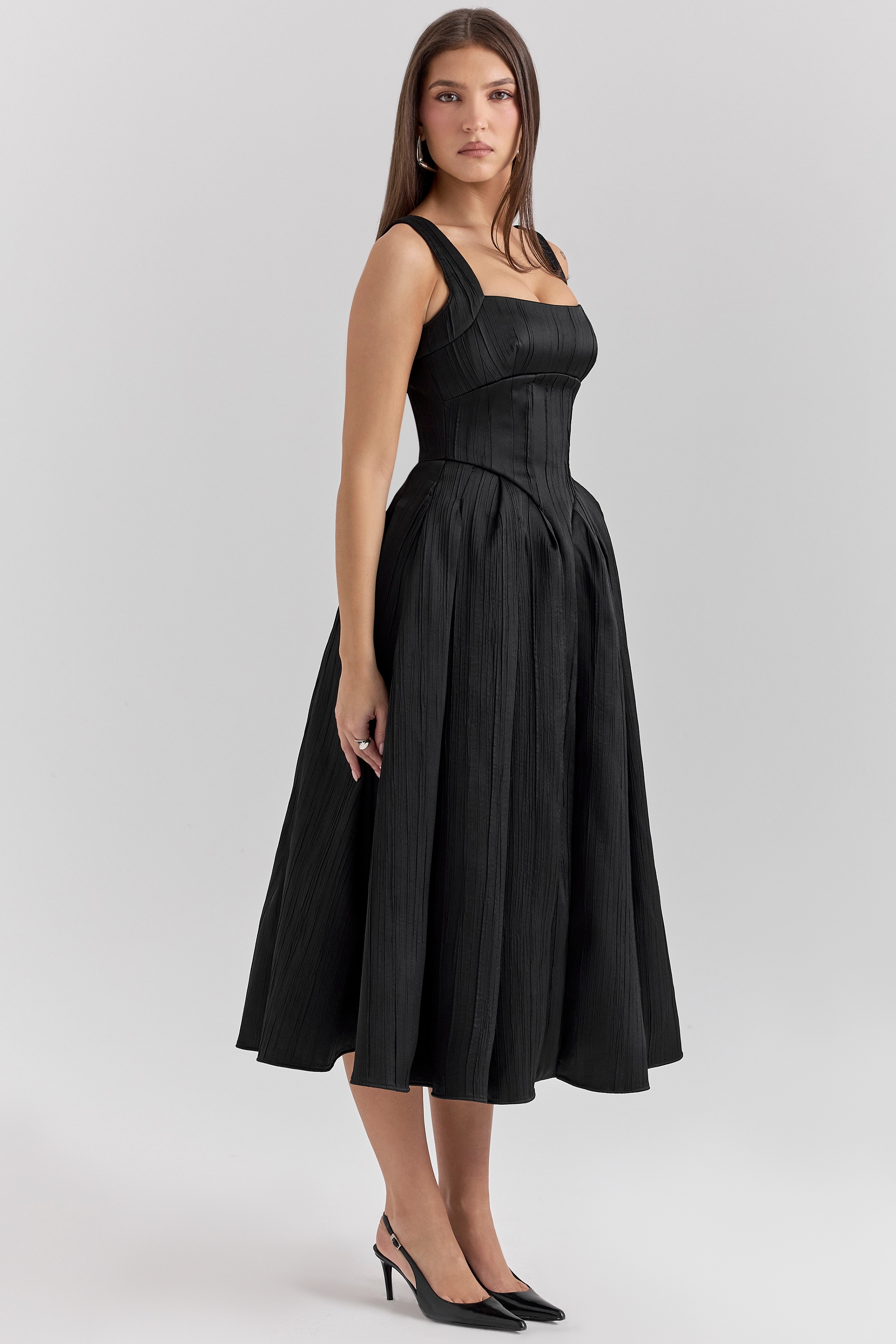 Isabeau-Black Textured Satin Corset Midi Dress