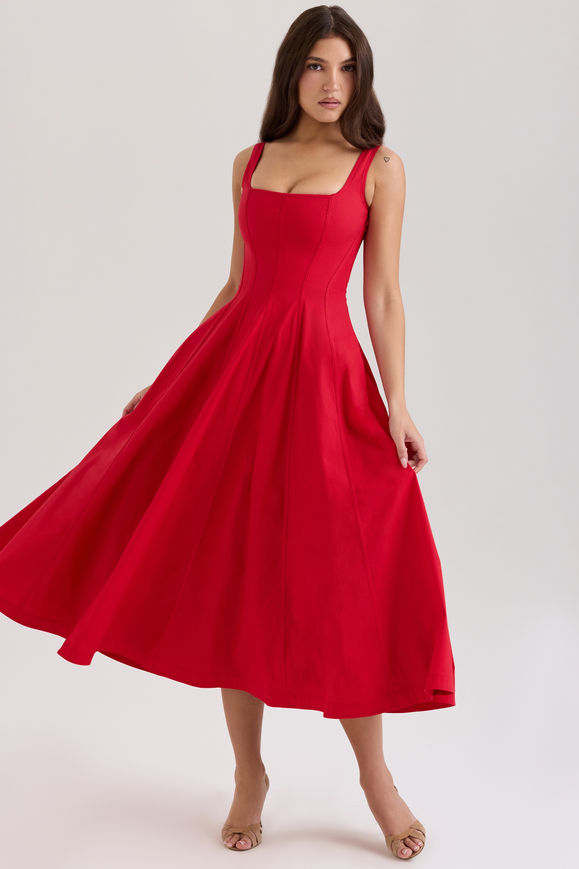 Mariabella-Red Stretch Cotton Midi Sundress