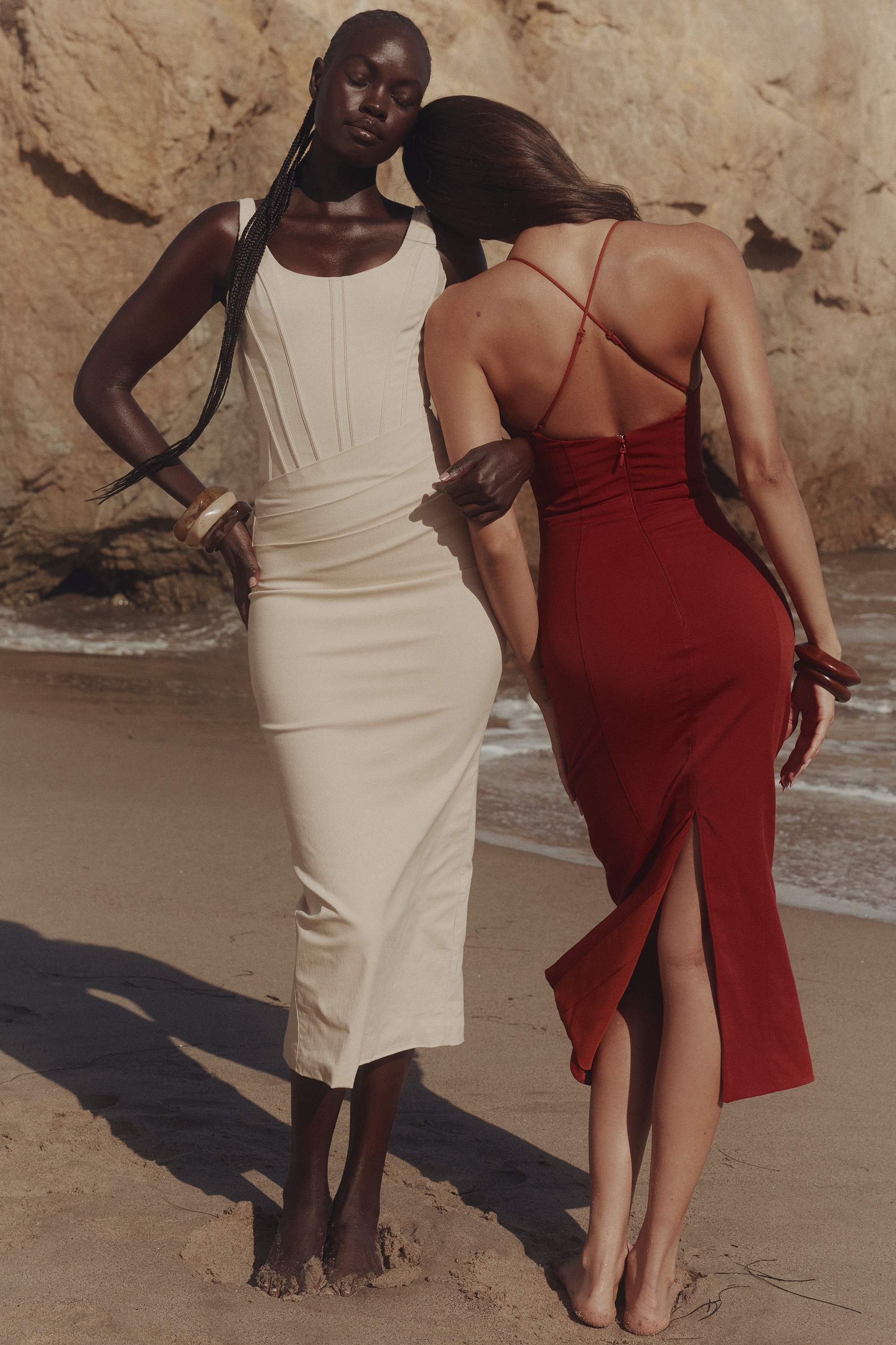 Ria-Terracotta Stretch Cotton Fitted Midi Dress