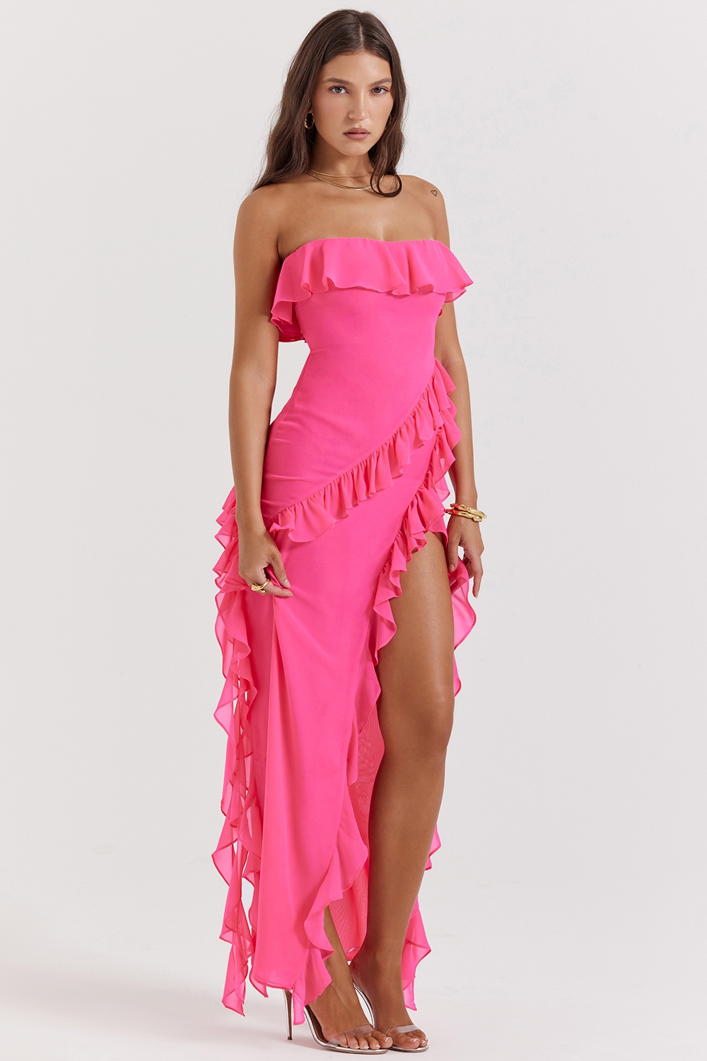 Sarina-Fuchsia Ruffle Maxi Dress