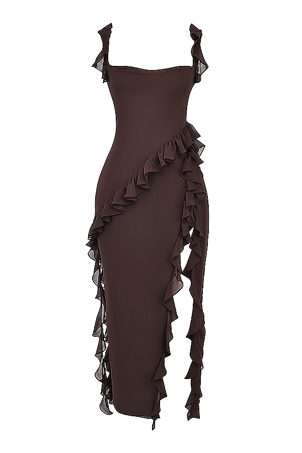 Ariela-Espresso Ruffle Maxi Dress