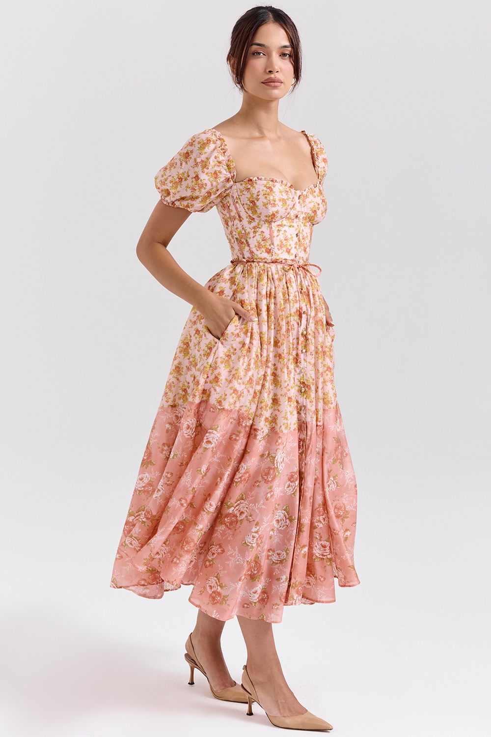 Penelope-Peach Poppy Print Puff Sleeve Midi Sundress